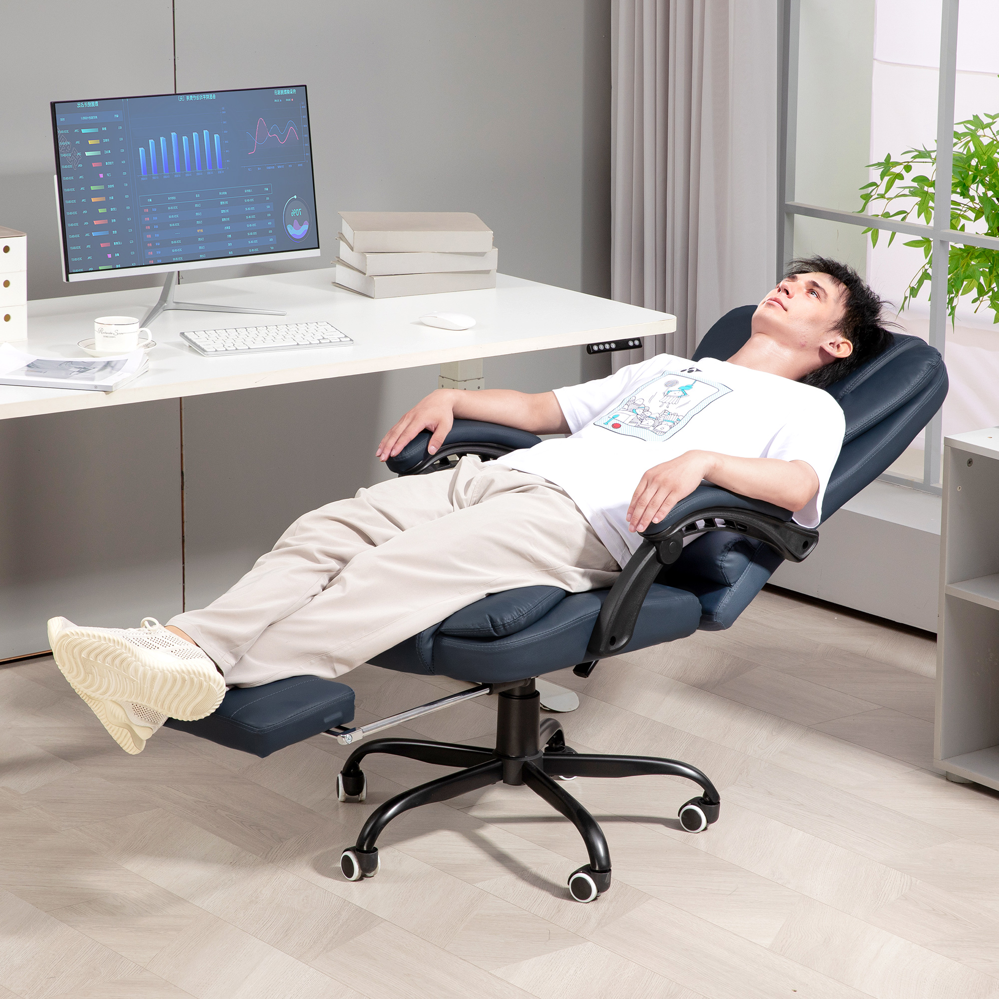 Vinsetto Massage-Bürostuhl, 7 Vibrationspunkte, verstellbare Fußstütze & Lehne, bis 120 kg, Lederoptik, Blau