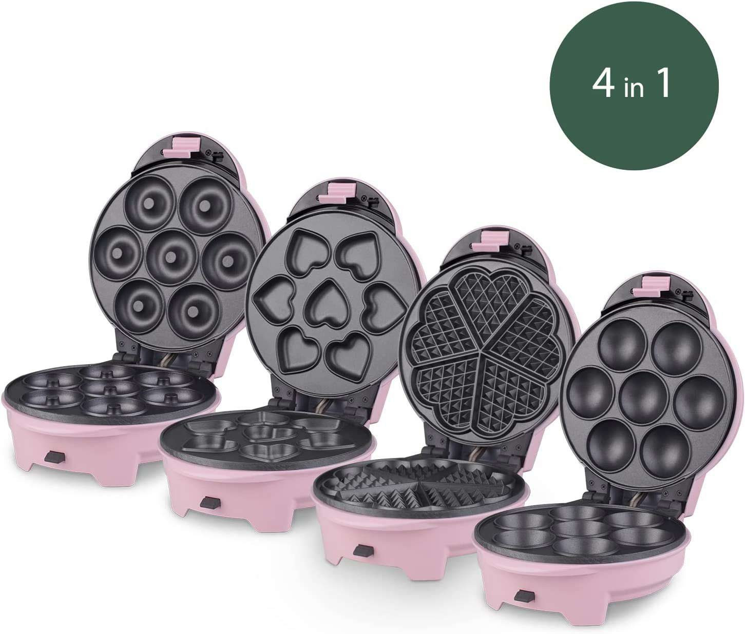 Donut-Maker 4in1 Donut Muffin Kuchen Waffel-Maker 4 wechselbare Backplatten rosa