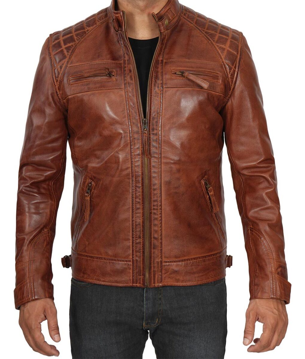 Mens Brown Cafe Racer Leather Jacket