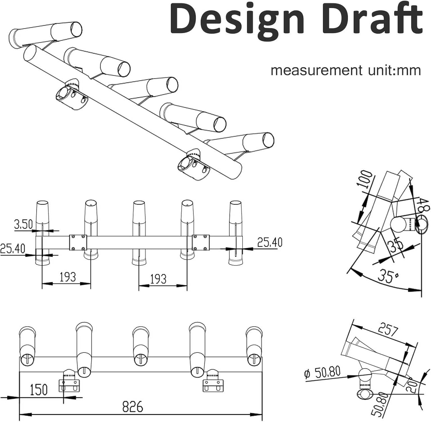 Verstellbarer Angelrutenhalter Mit 5 Rohren, Angelkonsole Aus Edelstahl, Boots-T-Top-Raketenwerfer, Angelrutenbasis, Oben Montierter Rutenhalter Mit 2-Zoll-Klemme