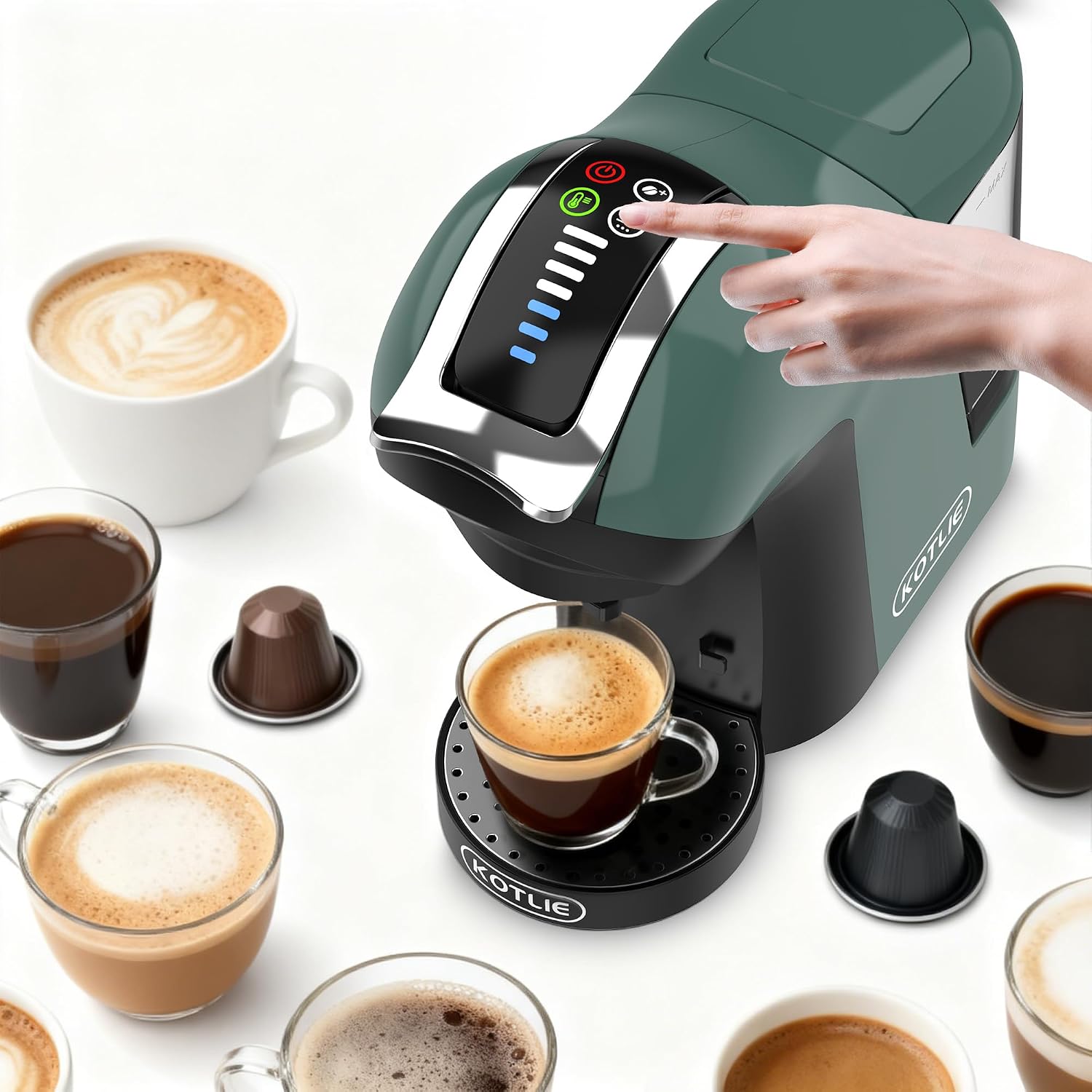 KOTLIE Macchina da caffè multifunzione compatibile con capsule e polvere, 3 tempi, 7 livelli di acqua, serbatoio acqua da 1 L (EM-308B)