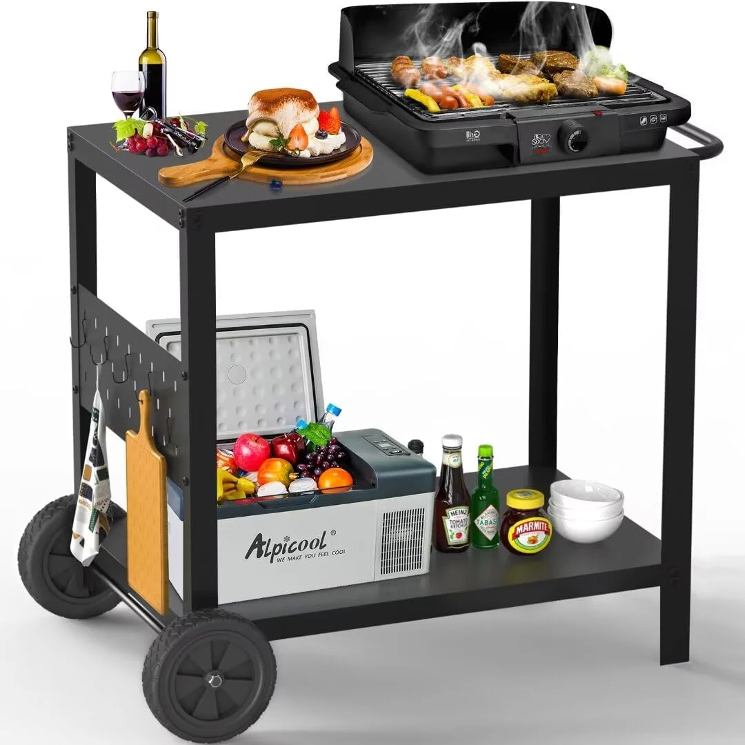 Double Shelf Grill Table with Movable Pizza Oven Stand   Outdoor Kitchen Island