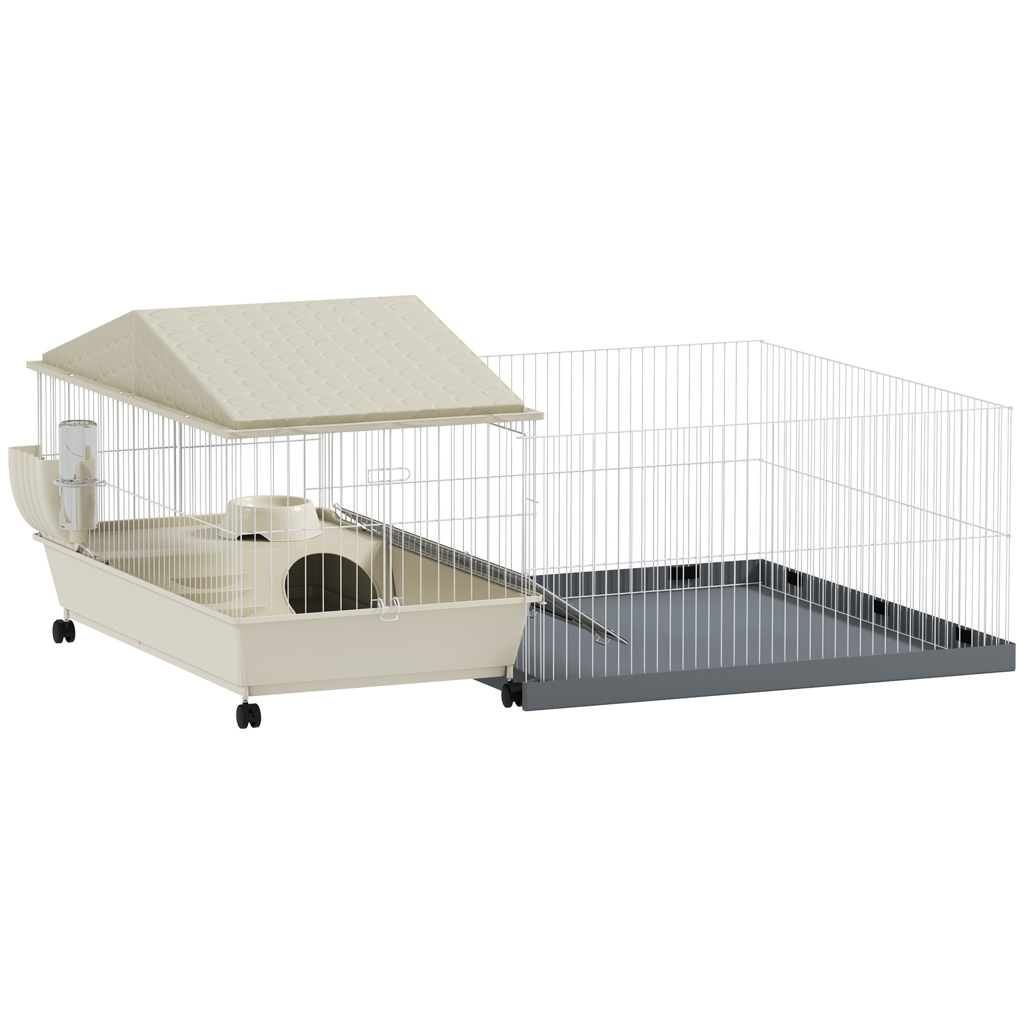 PawHut Meerschweinchenkäfig Kleintierkäfig mit abnehmbarem Gehege wasserdichter Futterraufe 108 x 71 x 57 cm Beige