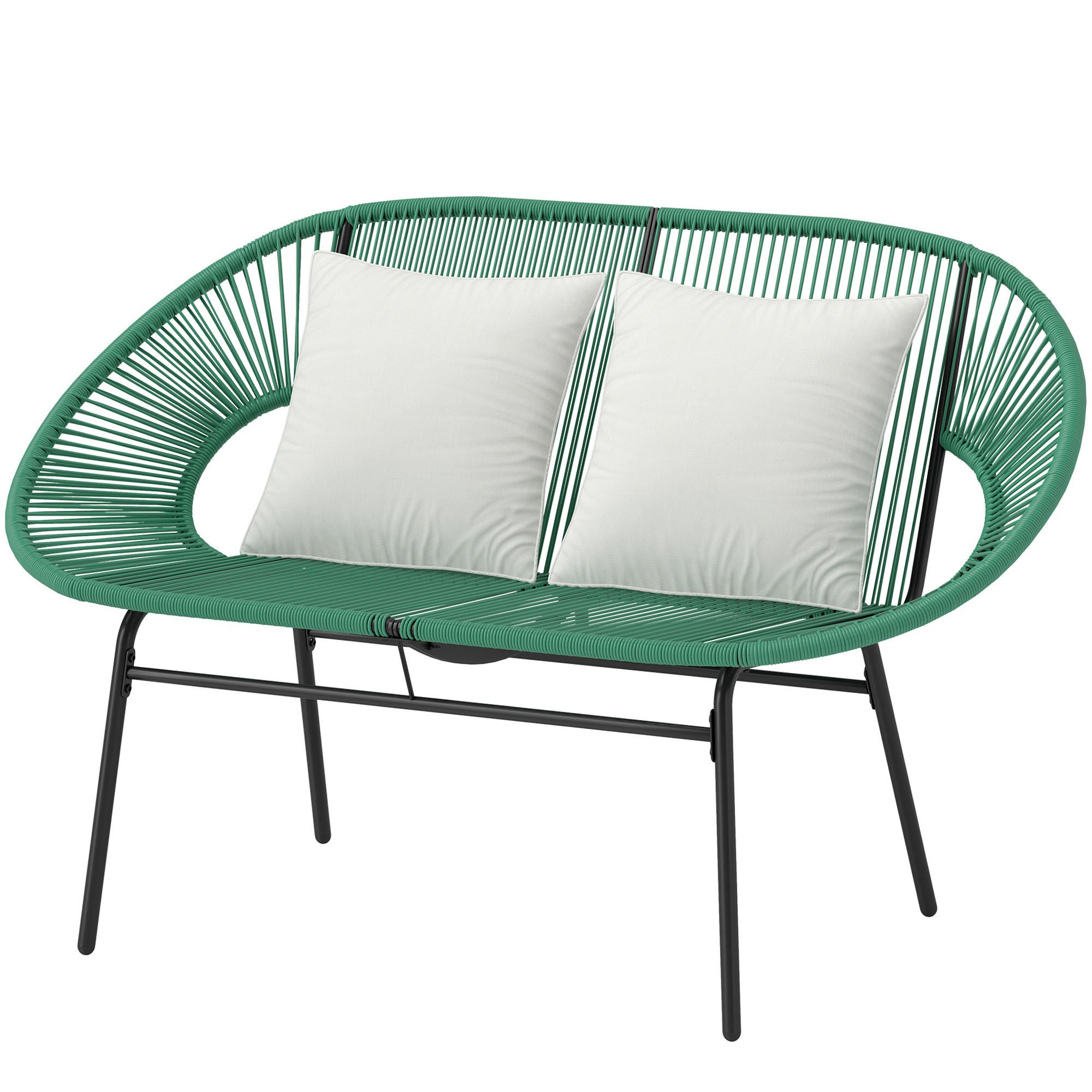 Outsunny Gartenbank 2-Sitzer aus Stahl und Rattan-Seilgeflecht mit 2 Kissen - Maße 132L x 72B x 83H cm - Dunkelgrün