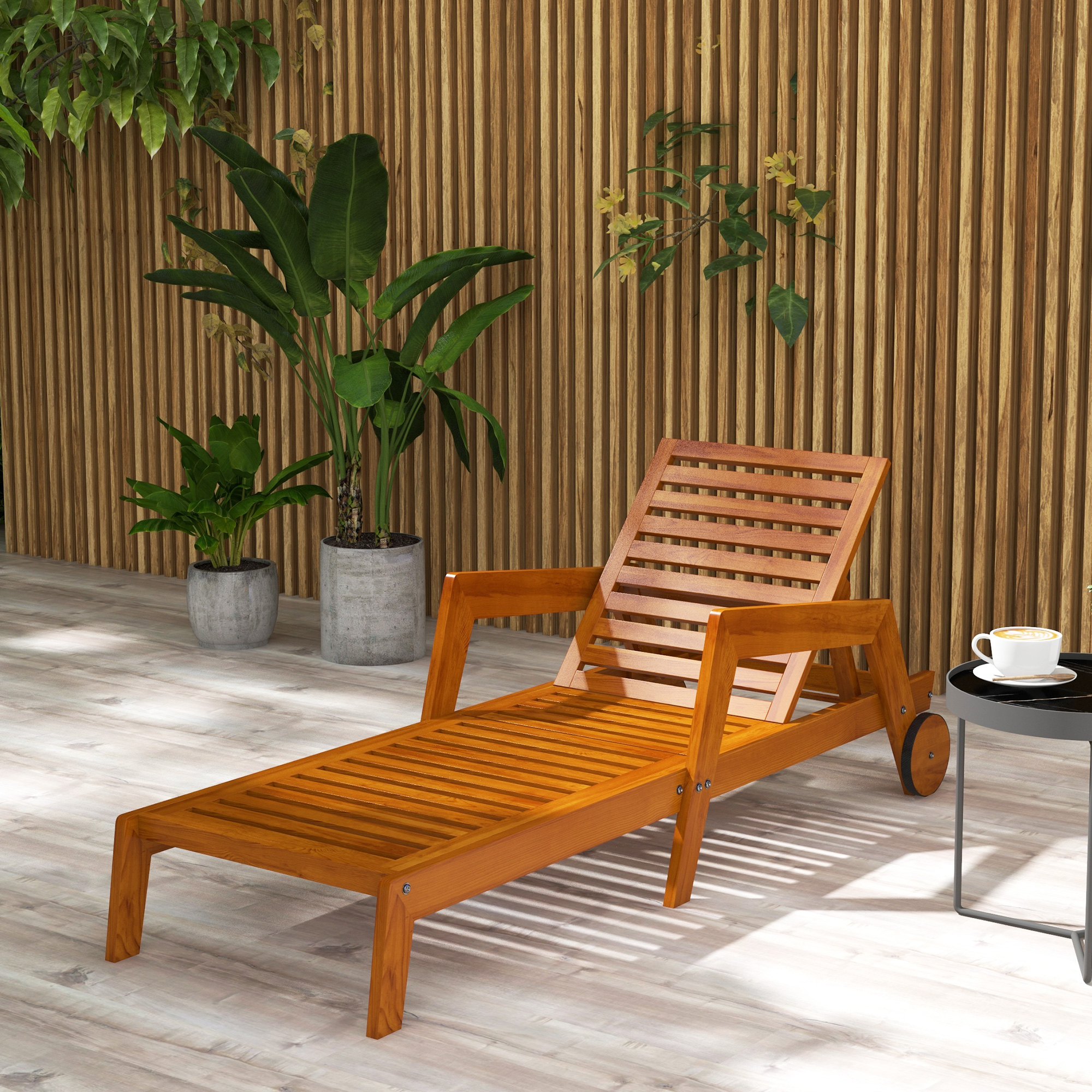 Outsunny Sonnenbad aus Holz mit Holzlatten, verstellbare Rückenlehne in 3 Positionen, Armlehnen, 2 Räder, 66 x 190 x 73,5 cm