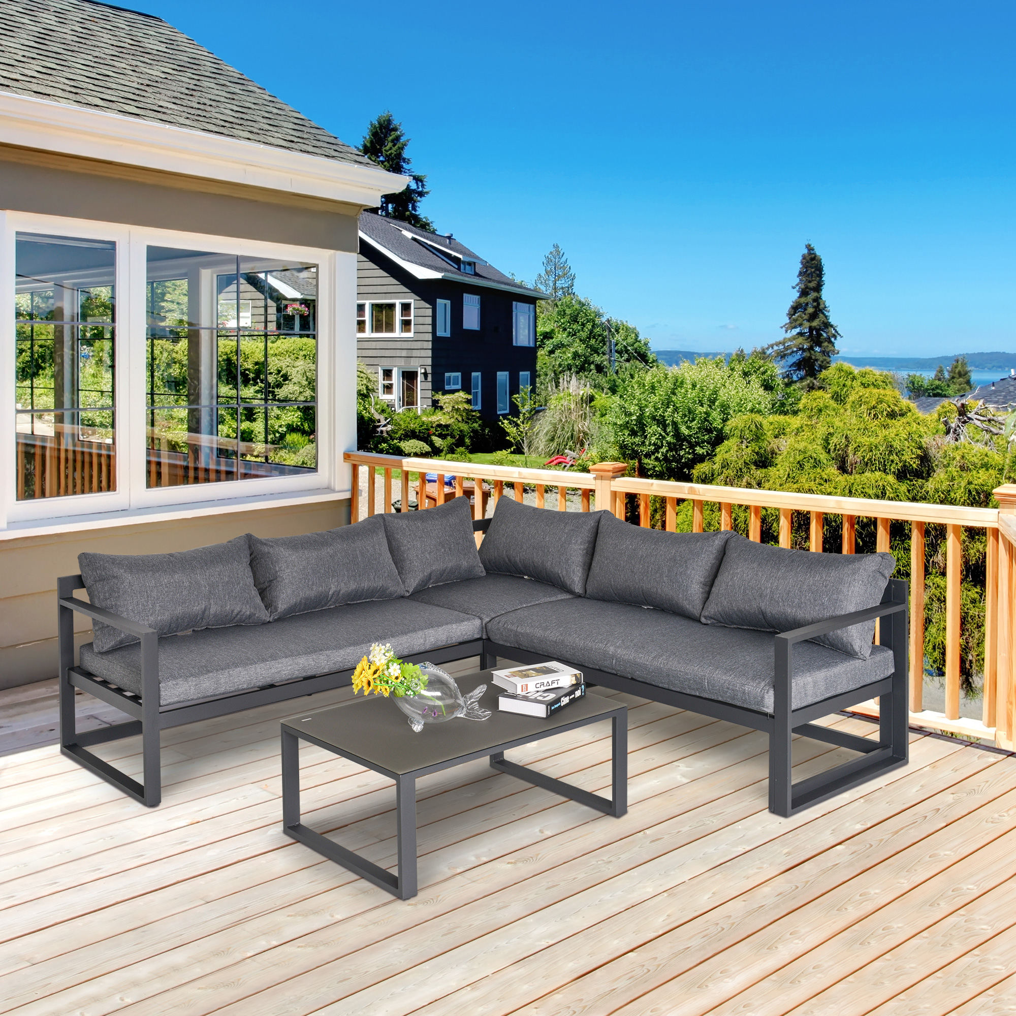 Outsunny 3-tlg. Gartengarnitur Gartenmöbel-Set mit Breitem Sitz, 4-stufig verstellbar Gartenliege Gartenset Sitzgruppe mit Beistelltisch Sofa mit Kissen Outdoor Aluminium Grau