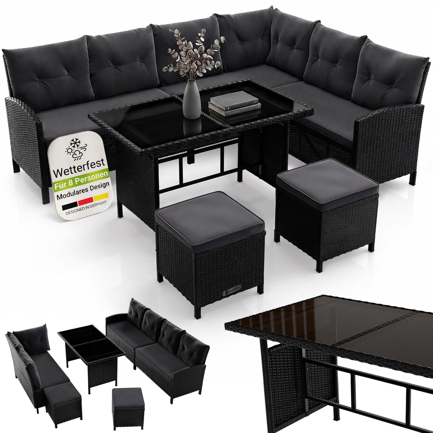 Polyrattan Lounge Manacor Ecksofa Esstisch 2 Hocker wetterfest bis 7 Personen Bezüge waschbar Schwarz Grau