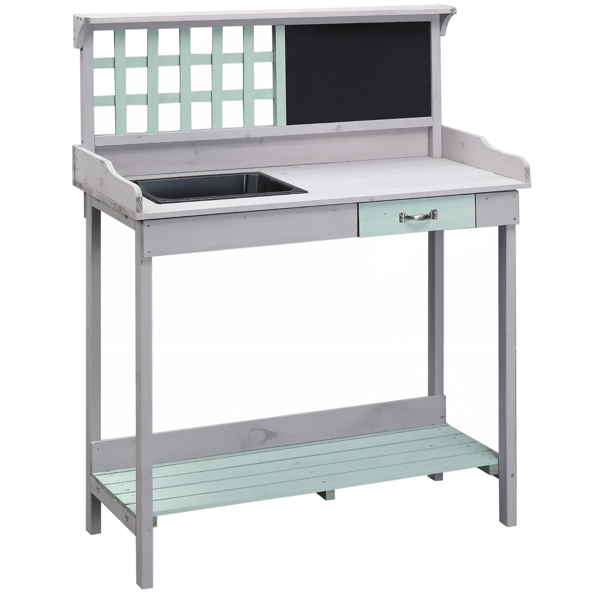 HOMCOM Pflanztisch Gärtnertisch Gartentisch Blumentisch mit Schublade und Wanne für den Garten Tannenholz Mintgrün + Grau 92 x 42,5 x 119,5 cm