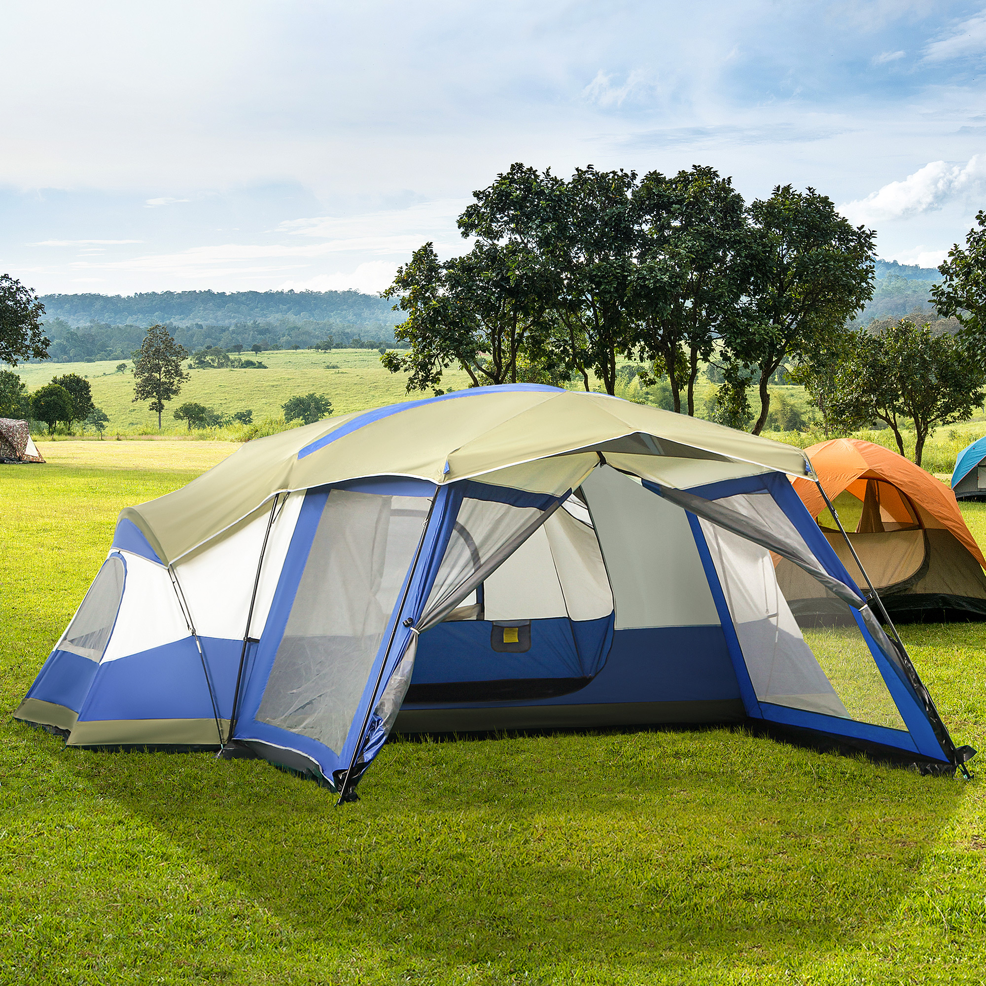 Camping Tent 6-8 Persoons Familietent met Vestibule Glasvezel Blauw