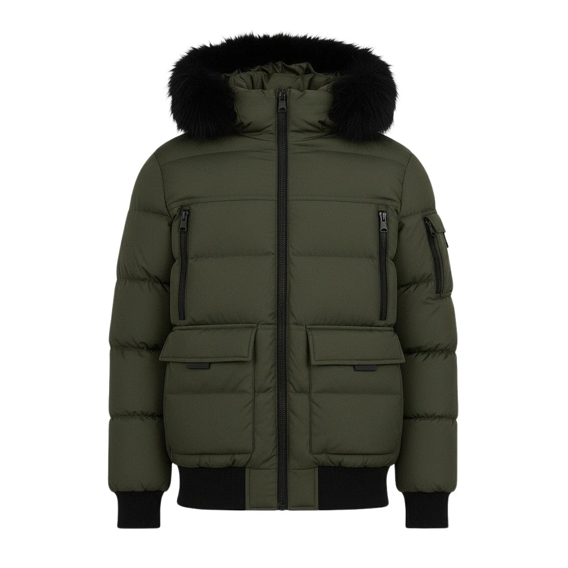 12 Pack Adult Bomber Puffer Jacket with Fur Hood in Olive