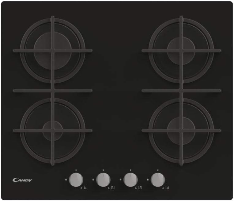 Candy CVG6B 4-Burner Tempered Glass Gas Hob, Dishwasher Safe Cast Iron Grills, Safety System, 59.5 x 51 x 9.5 cm, Black