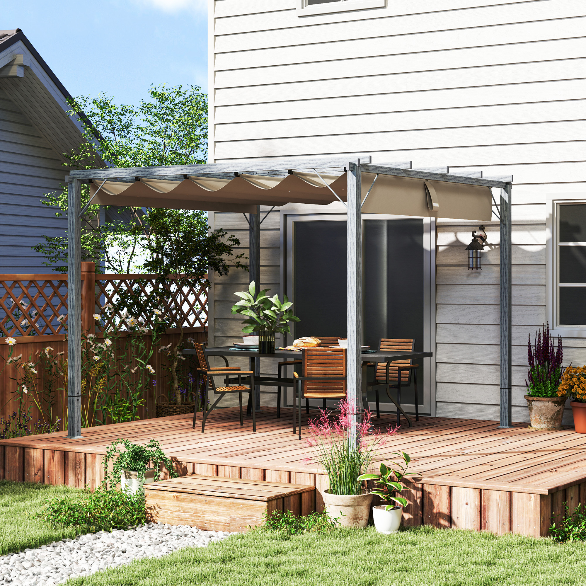 3 x 3 m Tuinpergola, Verstelbare Terrasoverkapping met Aluminium Frame, UPF30+ Zonbescherming, Grijs