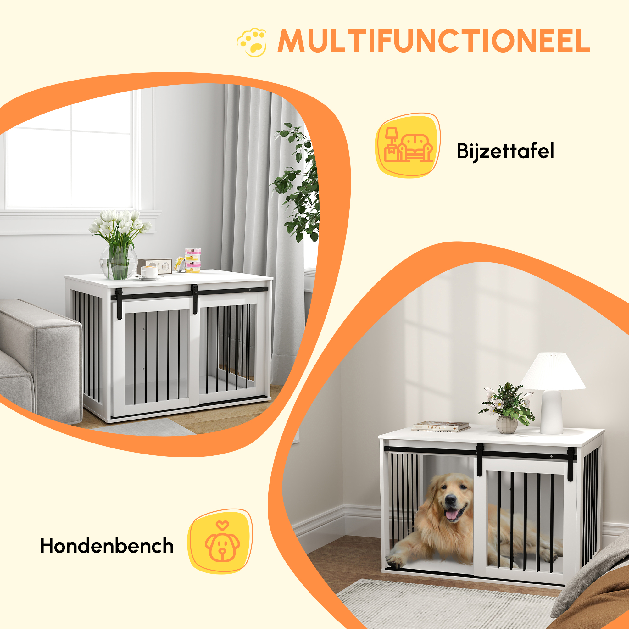 PawHut Hondenkooi met Schuifdeur, Ventilatie, Spaanplaat en Staal, 98 x 58 x 61 cm, Wit