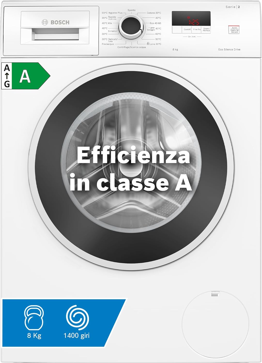 Bosch WGE03200IT Serie 2 Lavatrice a carica frontale, 8 kg, 1200 giri, Classe energetica A, motore inverter con 10 anni di garanzia, Lavaggio igienico anche a 40 °C, Bianco, 60 Cm
