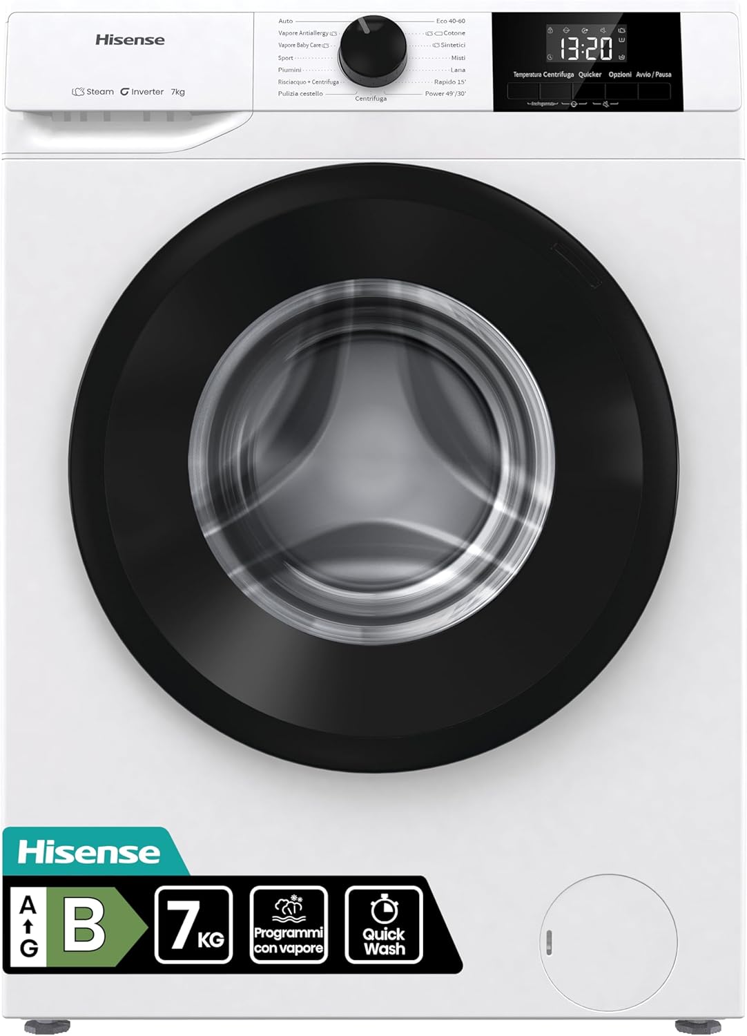 Hisense WFVB7012EM Front Load Washing Machine 7 kg 1200 rpm 15 Programs Steam LED Display Rapid Program Delay Start Child Lock