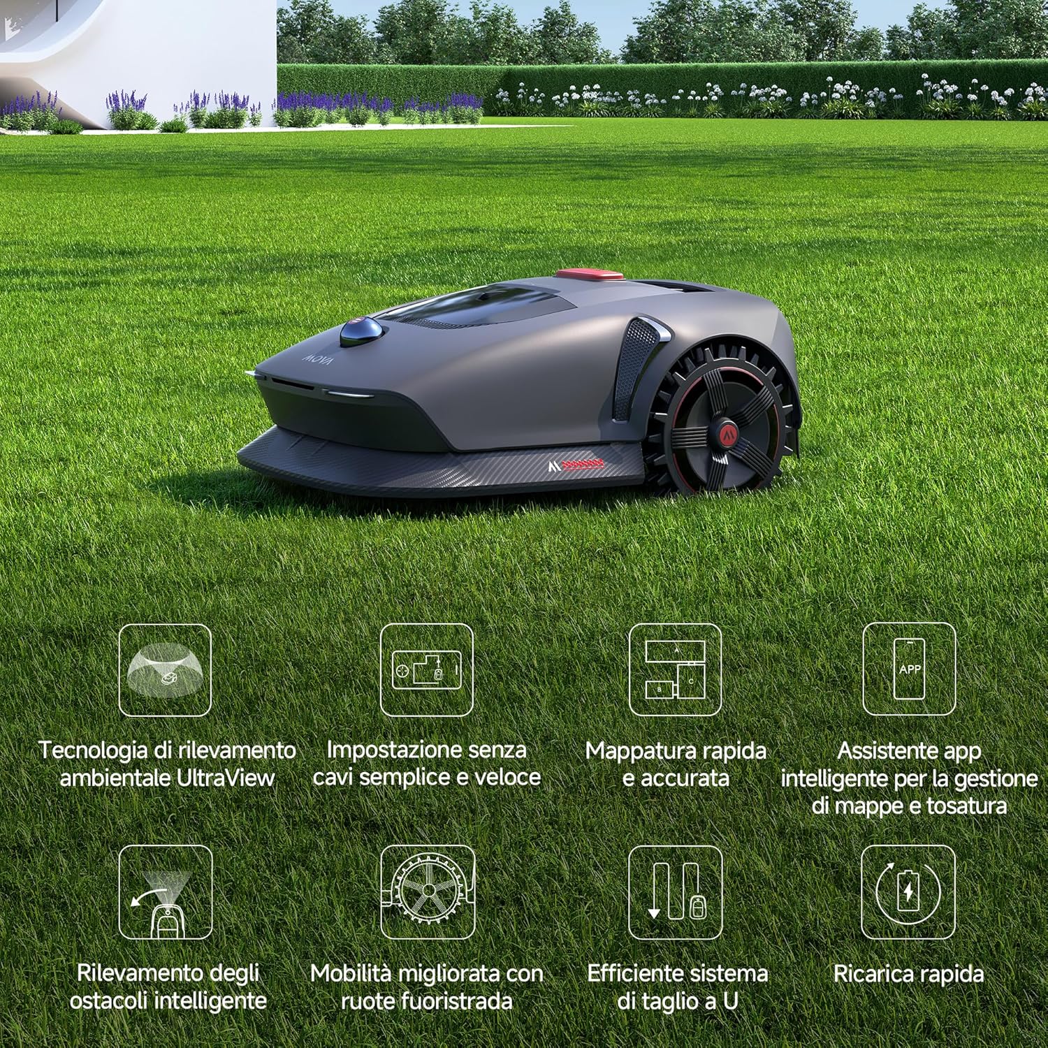 MOVA 1000 Robot Tosaerba Senza Filo Perimetrale, Mappatura 360° 3D LiDAR per 1000 m², Ostacoli Intelligenti, App Control, Ruote Fuoristrada, Taglio a U, Ricarica Rapida