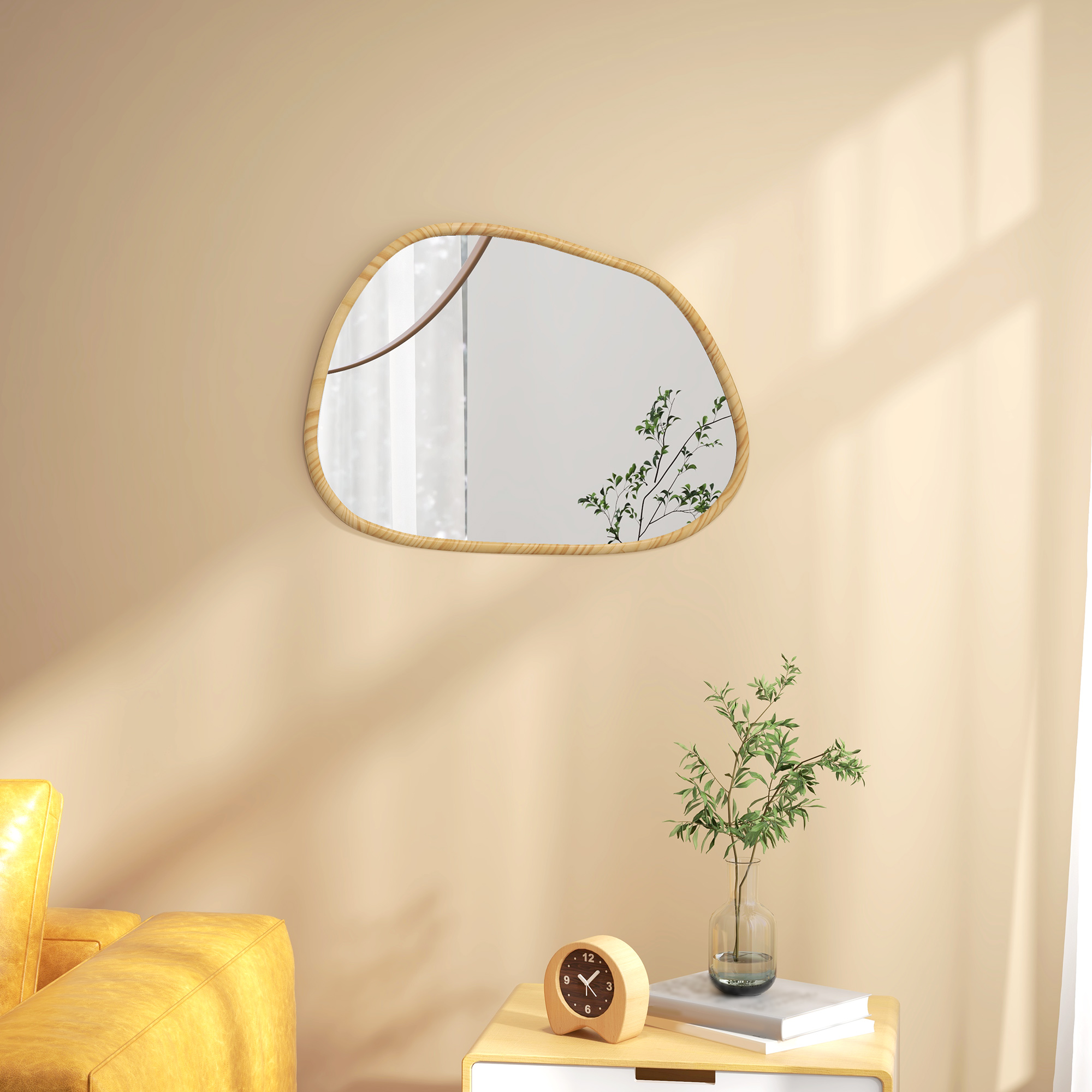 HOMCOM Wandspiegel Dekospiegel Spiegel, Vintage-Design, 80 cm x 2,1 cm x 60 cm, Massivholz, Natur