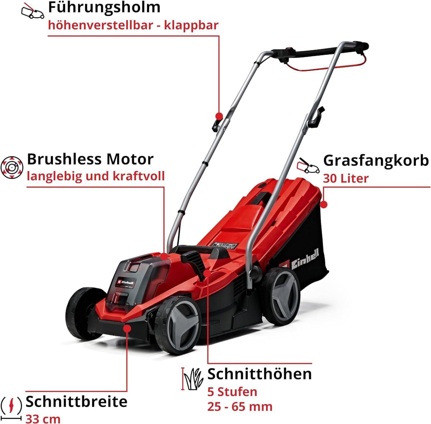 Einhell Akku-Rasenmher GE-CM 18/33 Li-Solo Power X-Change (18 V, 33 cm Schnittbreite, bis 200 m, Brushless, 30L Grasfangkorb, 25-65 mm Schnitthhe, ohne Akku)