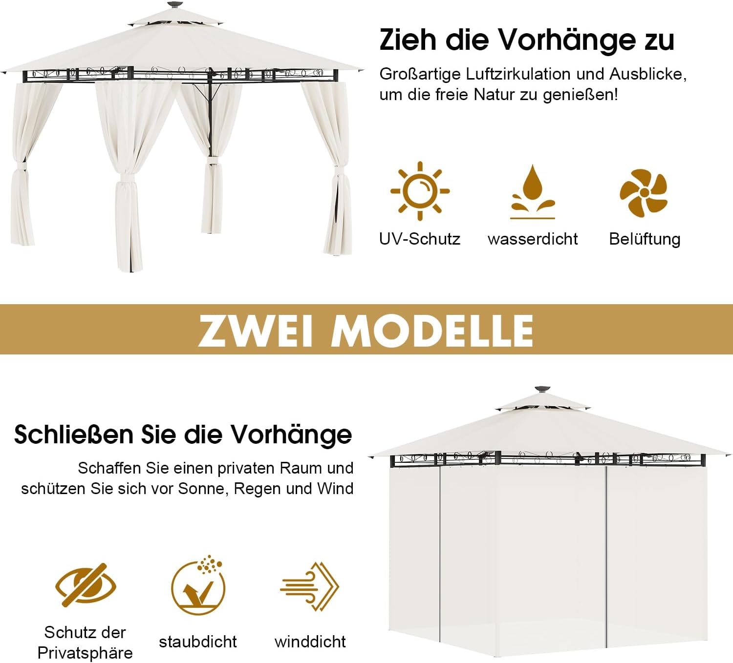 3 x 3 Waterproof Cold Proof Gazebo Garden Gazebo with Metal Frame, Patio Gazebos, Beige