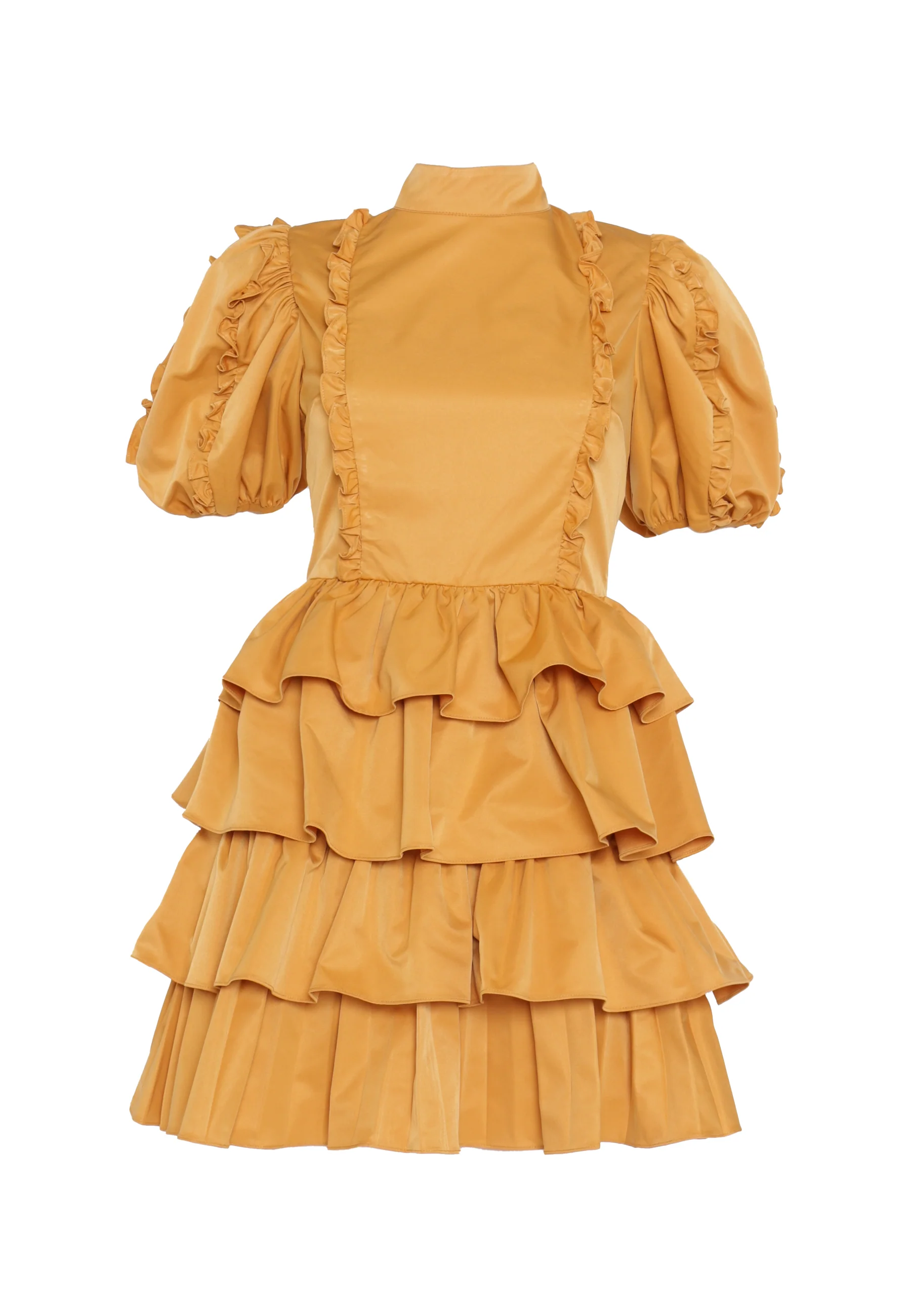 Lucy Mustard High-Neck Statement Sleeve Mini-Dress