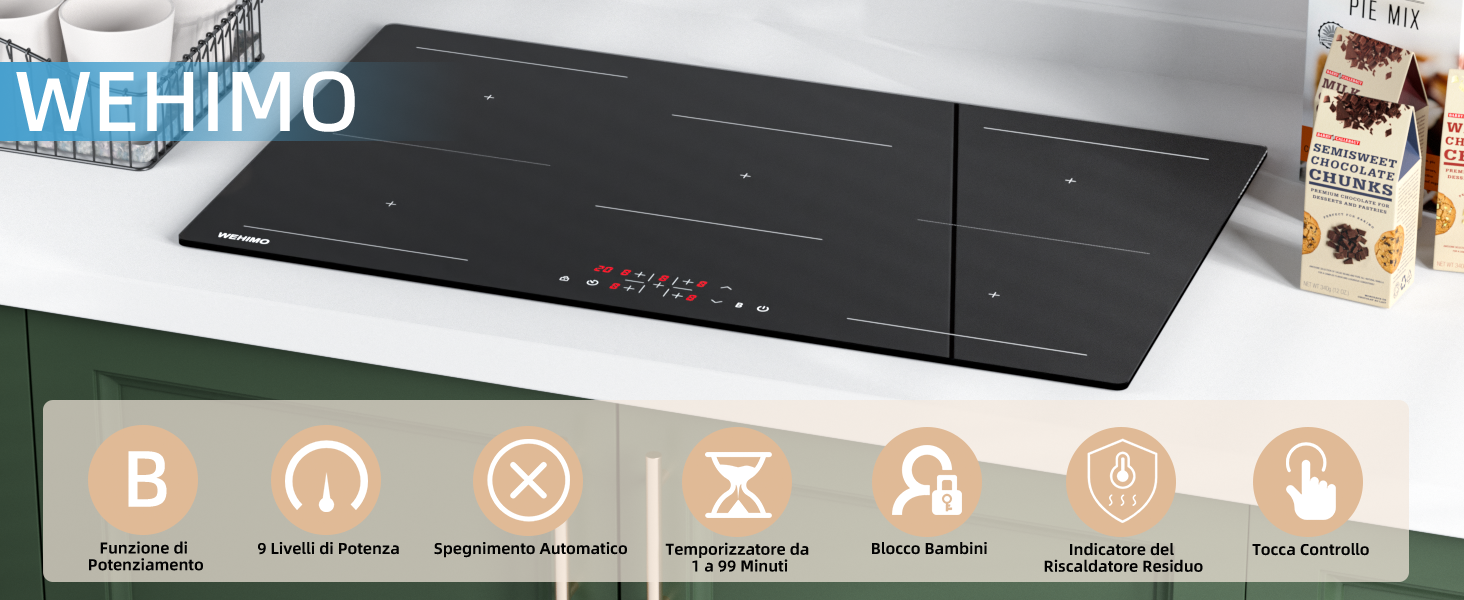 Piano cottura a induzione nero con comandi touch e display a LED, con più zone di cottura e icone di controllo sottostanti per varie