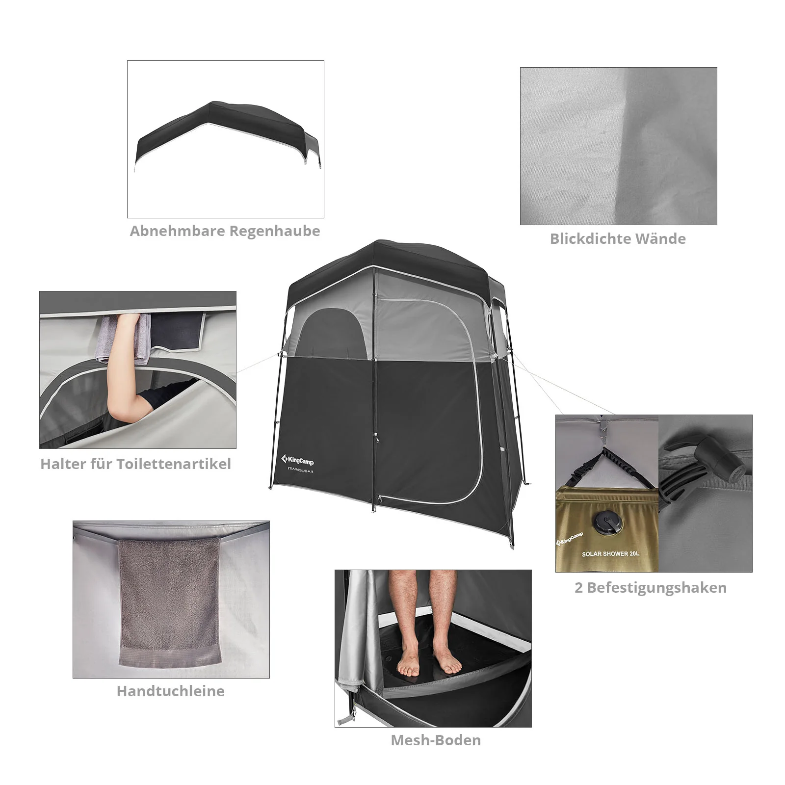 2025 KingCamp Marasusa II Tenda multifunzione – Tenda doccia e cabina spogliatoio a 2 camere con parete divisoria, filo appendiabiti, protezione UV e buona ventilazione