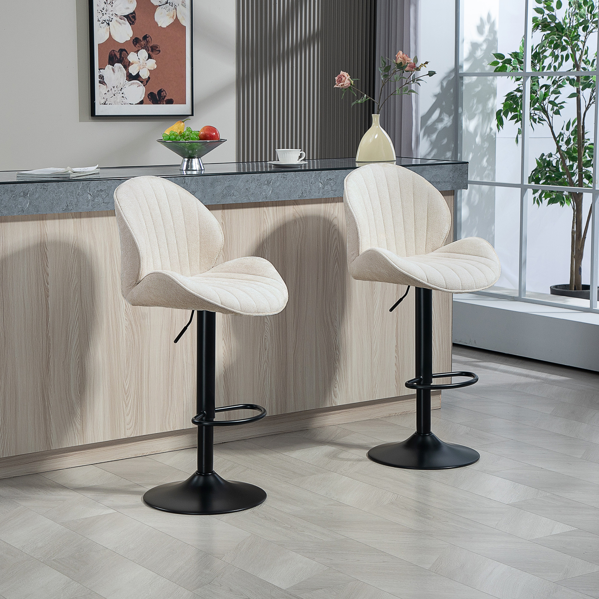 HOMCOM 2er-Set Barhocker, Stoffbezug, verstellbare Sitzhöhe, drehbar, Stahlrahmen, Beige