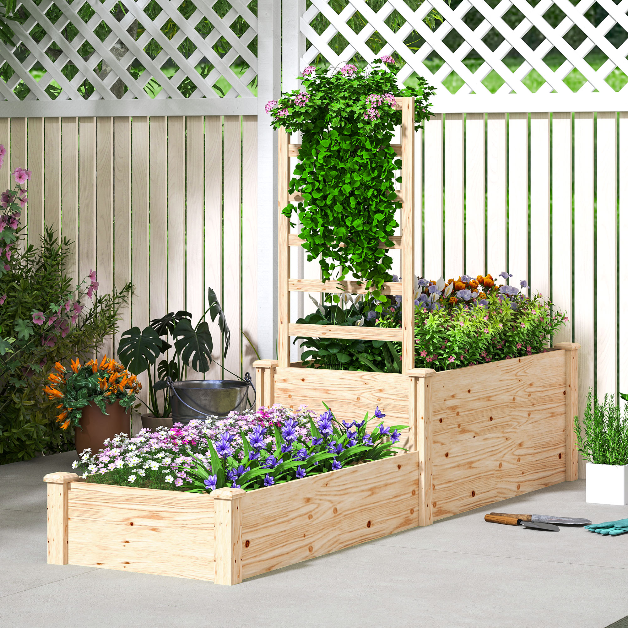 Outsunny Blumenkasten mit Gitter und offenem Boden, für Balkon Terrasse Terrasse, 222 x 63 x 132 cm, Naturholz