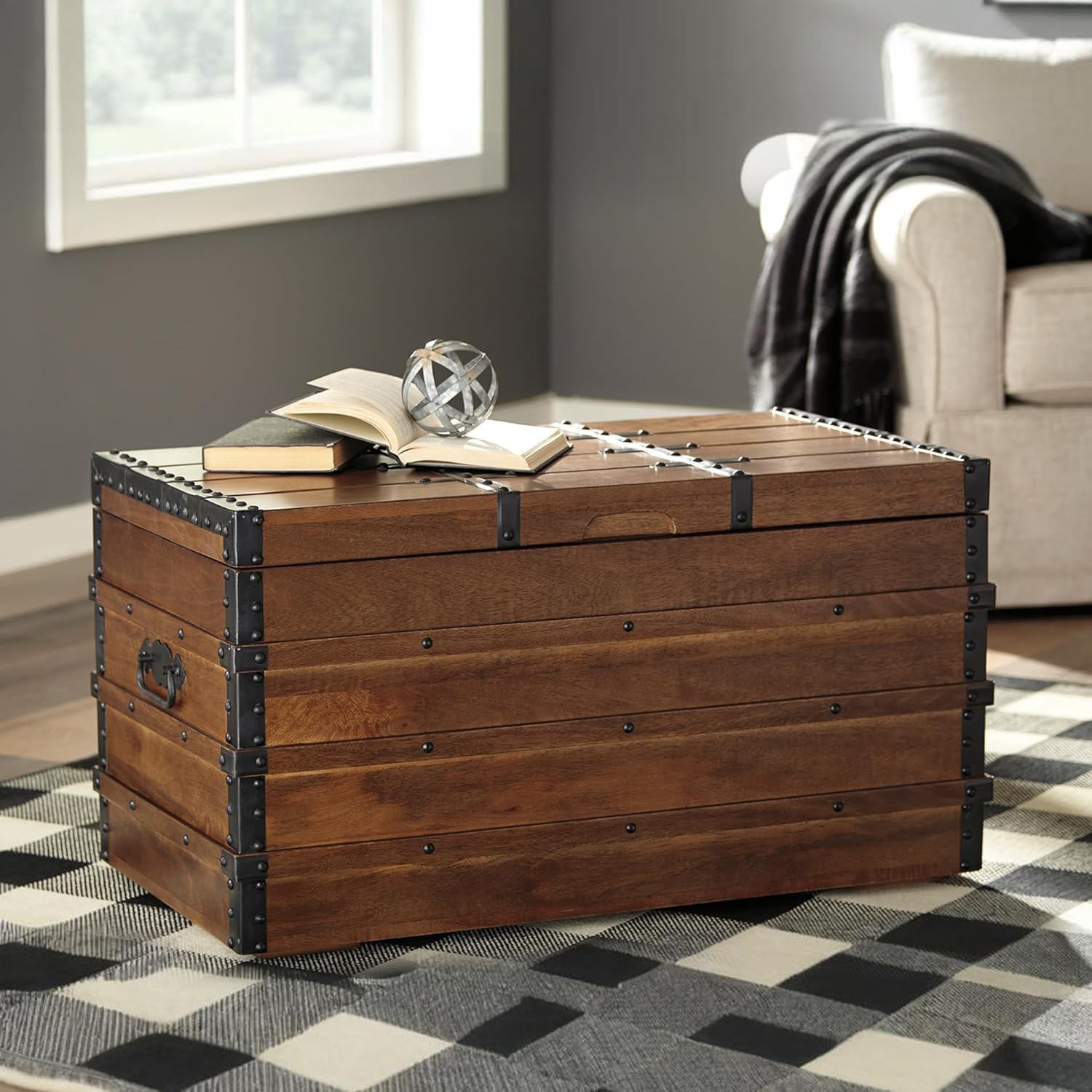Ashley Kettleby Vintage Wood Storage Trunk Coffee Table, Lift Top, Brown