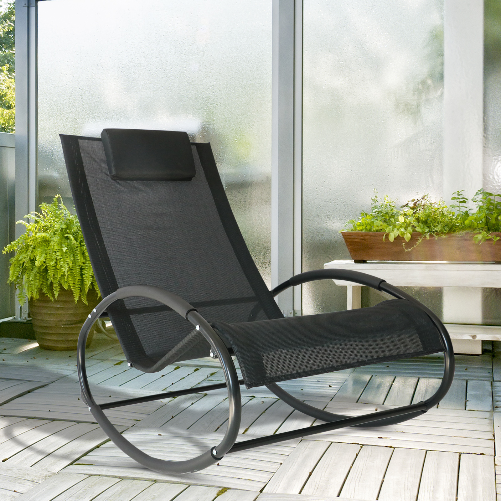 Outsunny Schaukelstuhl aus Stahl Schaukelsessel mit Kopfkissen wetterfest Gartenstuhl bis 120kg belastbar Relaxstuhl Schwingsessel für Wohnzimmer Garten, Rasen, Balkon, Grau