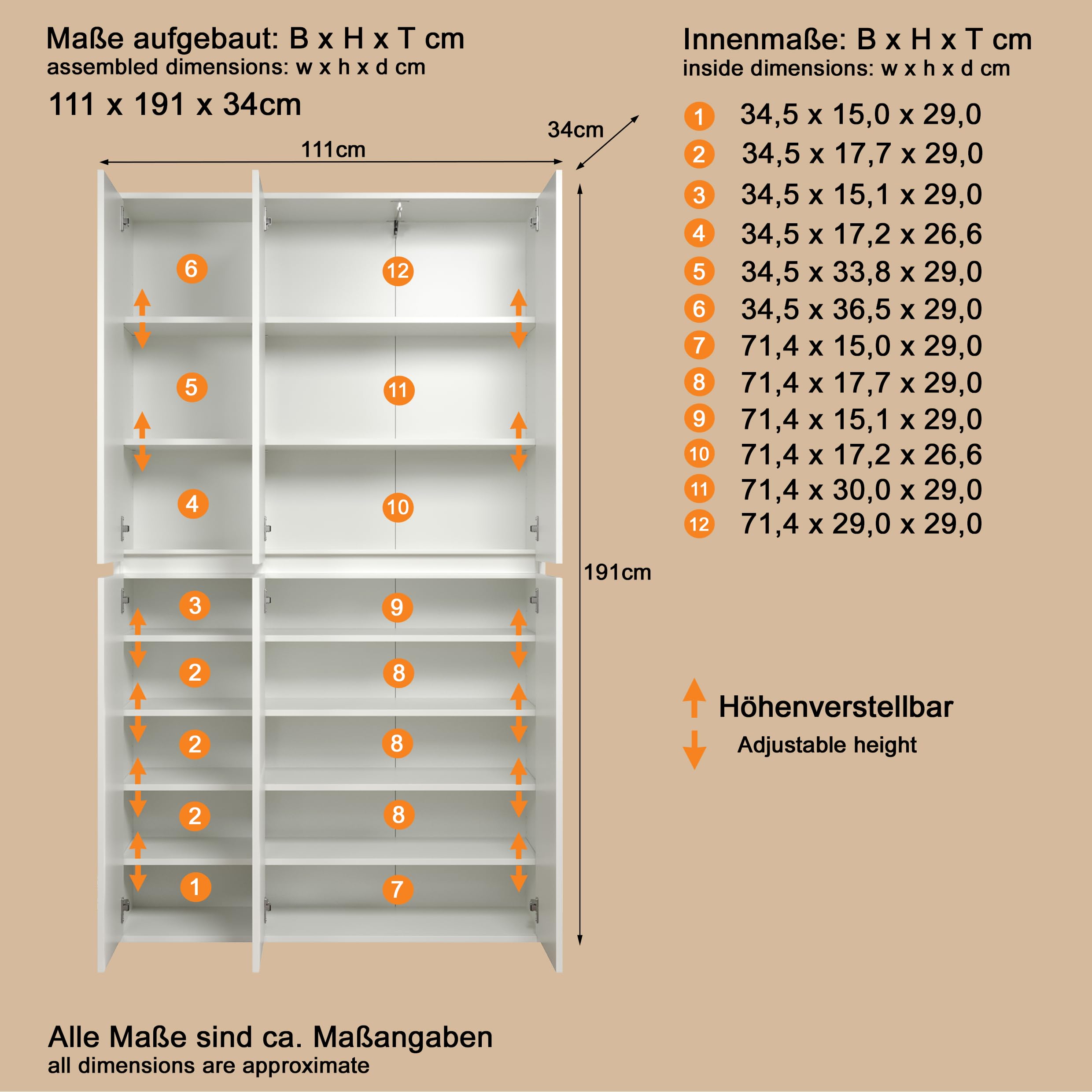 Mehrzweckschrank Nevada mit 6 Türen, 12 Einlegeböden und Kleiderstange, weiß, 111 x 191 x 34 cm
