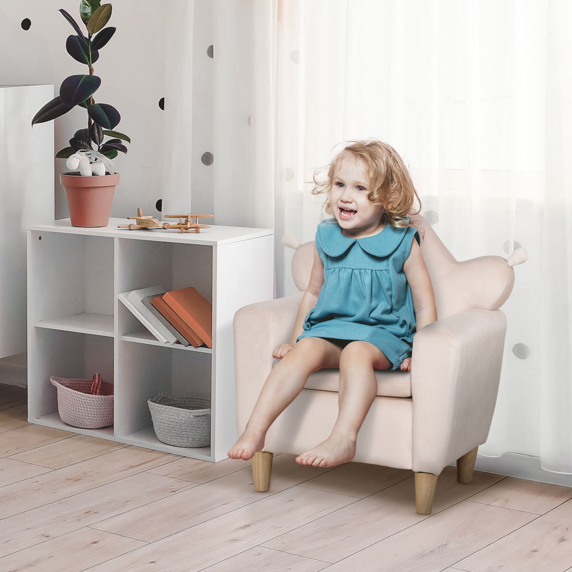 HOMCOM Kindersessel für Kinder 3-5 Jahre, weicher Stoffbezug, Rahmen aus Eukalyptusholz, 50 x 42 x 58cm, hellrosa