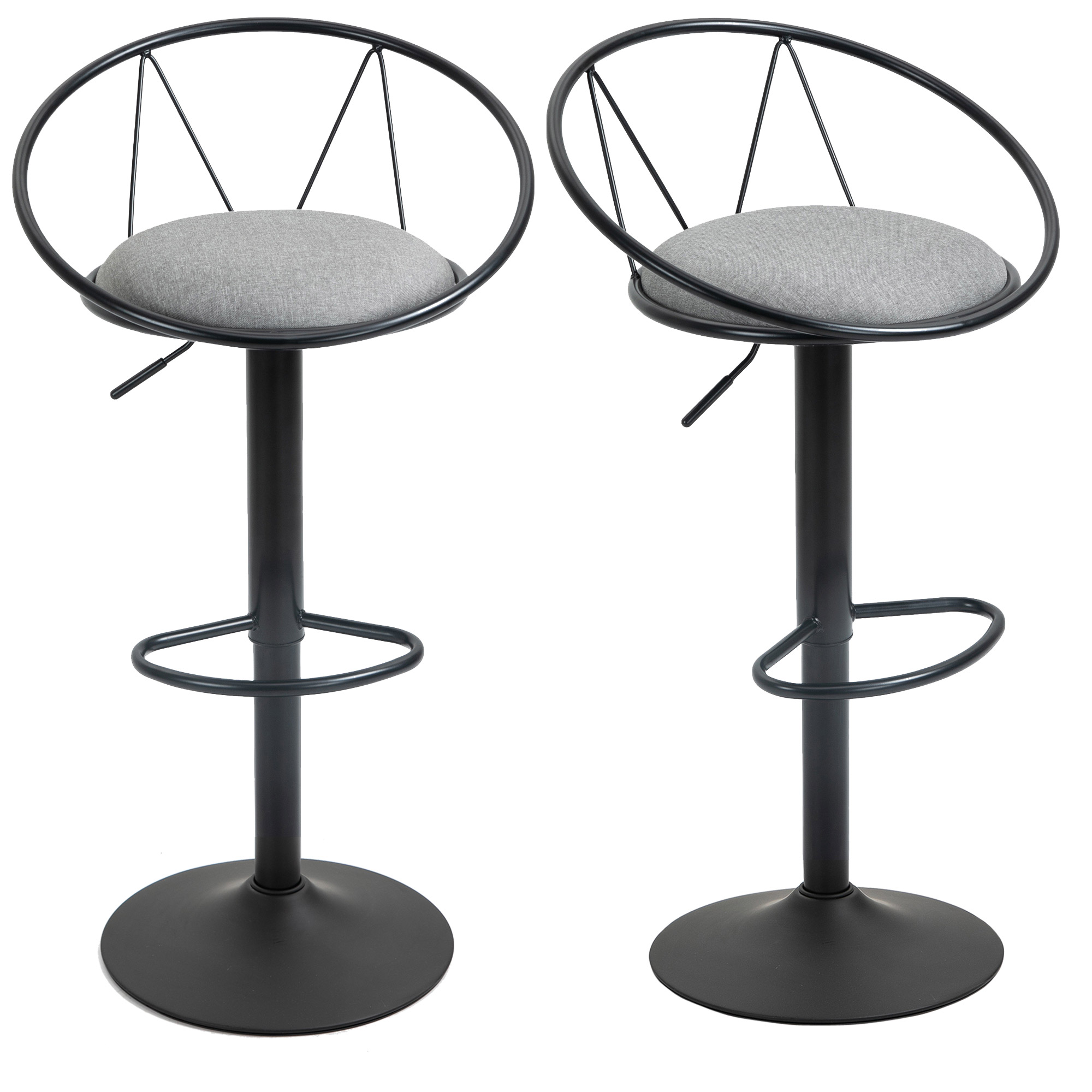 HOMCOM Set mit 2 Barhockern im neo-retro Design, höhenverstellbar und drehbar mit Metall-Fußstütze in Schwarz und Leinen in Grau