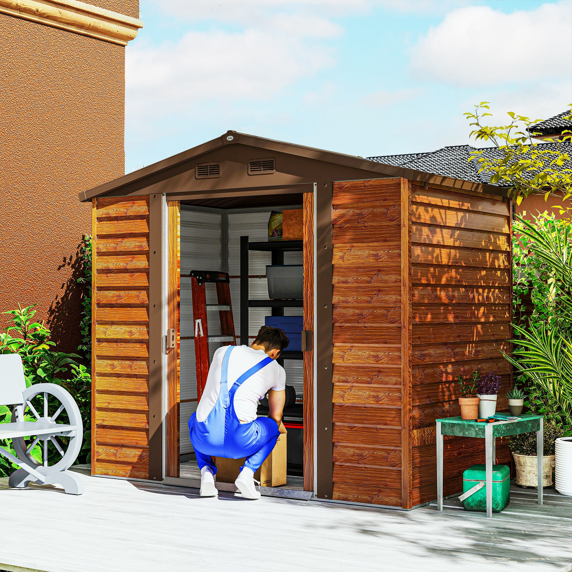 Outsunny Gartenschuppen, Geräteschuppen, Gartenhaus mit Fenster, wetterfest, Holzoptik, Stahl, 152 x 235,7 x 208,7 cm, Braun