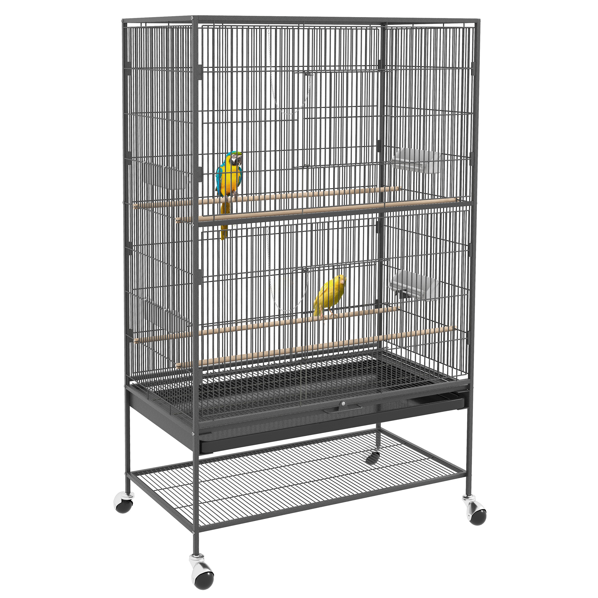 Vogelkooi inclusief zitstokken, vogelspeelgoed, uitneembare vloerbak, 1 plank, grijs