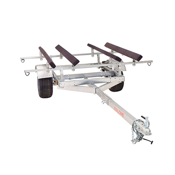 Kit rimorchio per kayak Malone LowMax 2, capacità 274 kg, acciaio zincato, luci a LED, pneumatici con velocità nominale di 112 km/h.