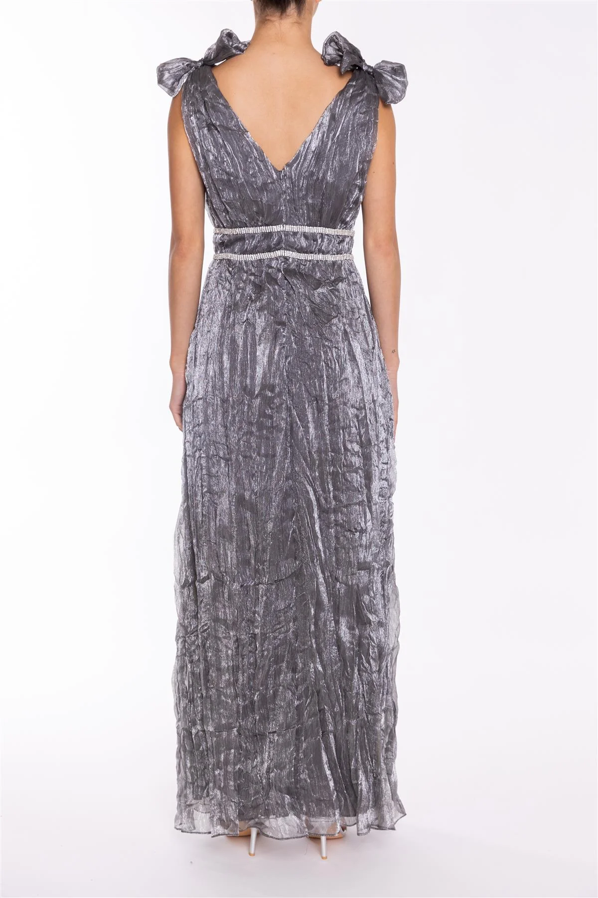 Leia Petrol Crinkle Organza Bow Shoulder Maxi Dress