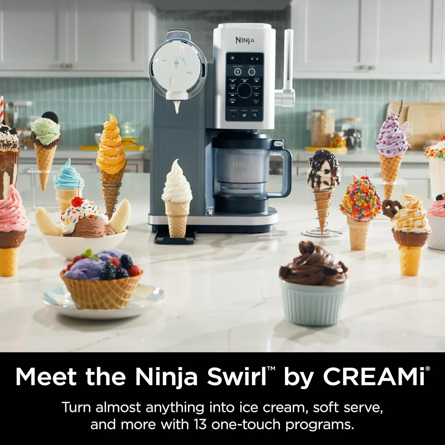 2025 Máquina de helados y crema suave Ninja Swirl by CREAMi, sorbetes, batidos, yogur helado, programa bajo en calorías y más, 13 en 1, con palanca de crema suave, (2) recipientes CREAMi Swirl de 16 oz, para niños y todas las edades, modelo NC701