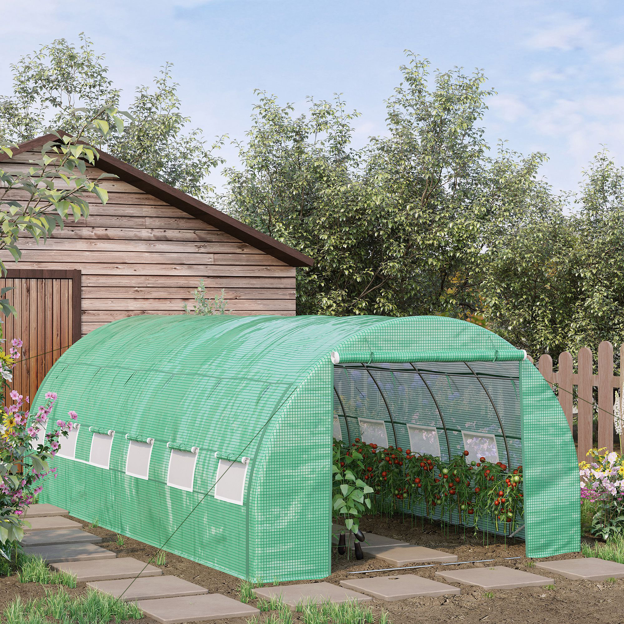 Outsunny Foliengewächshaus Polytunnel 6 x 3 x 2 m begehbares Gewächshaus mit aufrollbar Abdeckungen Folientunnel Treibhaus UV-Schutz Stahlrohr Grün