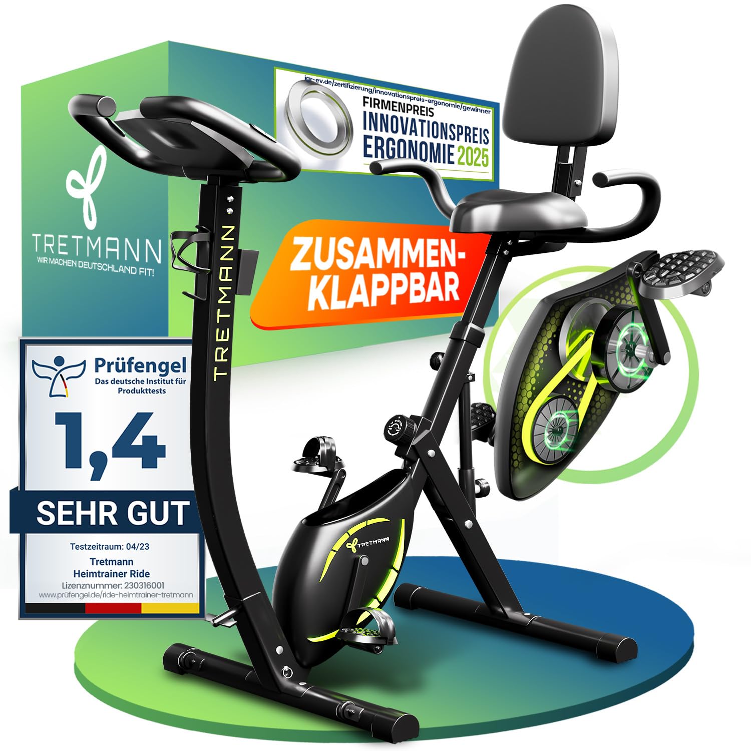 Tretmann 3in1 Heimtrainer Fahrrad klappbar extra leise und komfortabel für effektives Cardio Training zu Hause