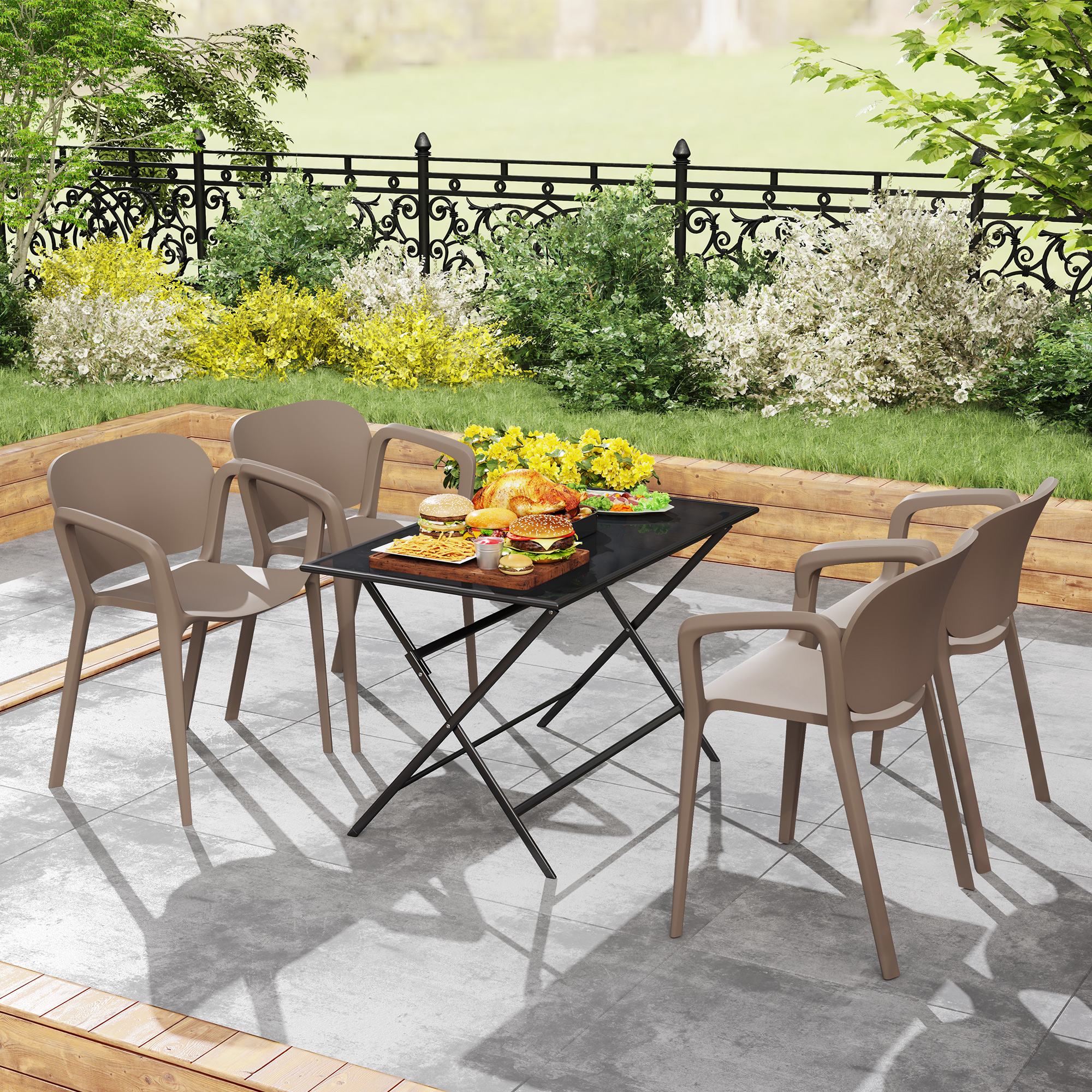 Outsunny 4-delige Tuinstoel Set Weerbestendig, Stapelbare Kunststof Stoelen met Armleuningen en Rugleuning tot 120 kg Belastbaar