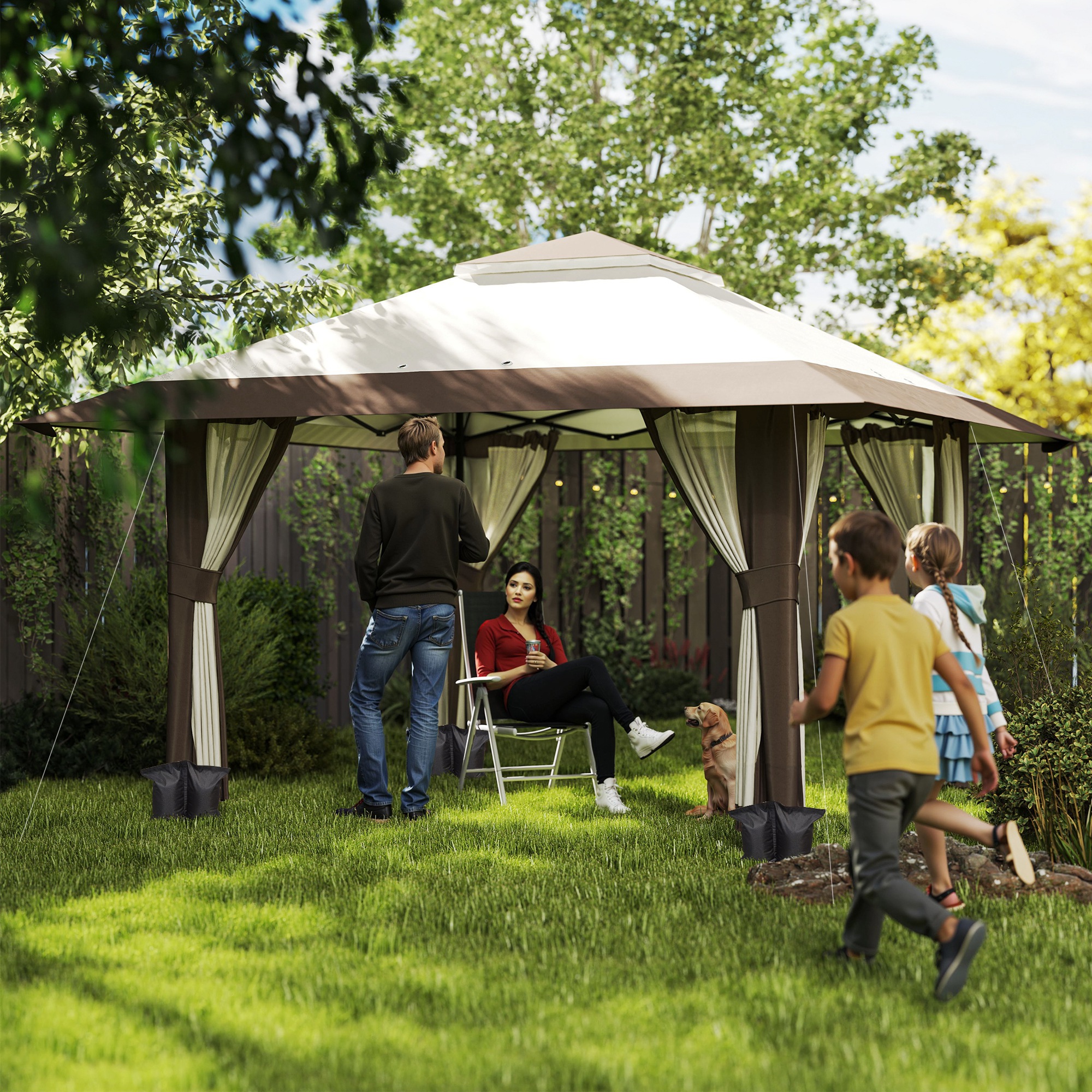 Outsunny 4 x 4 m Garten-Pavillon, Gartenzelt mit Netzwänden, UPF50+ Schutz, Höhenverstellbares Partyzelt, Beige
