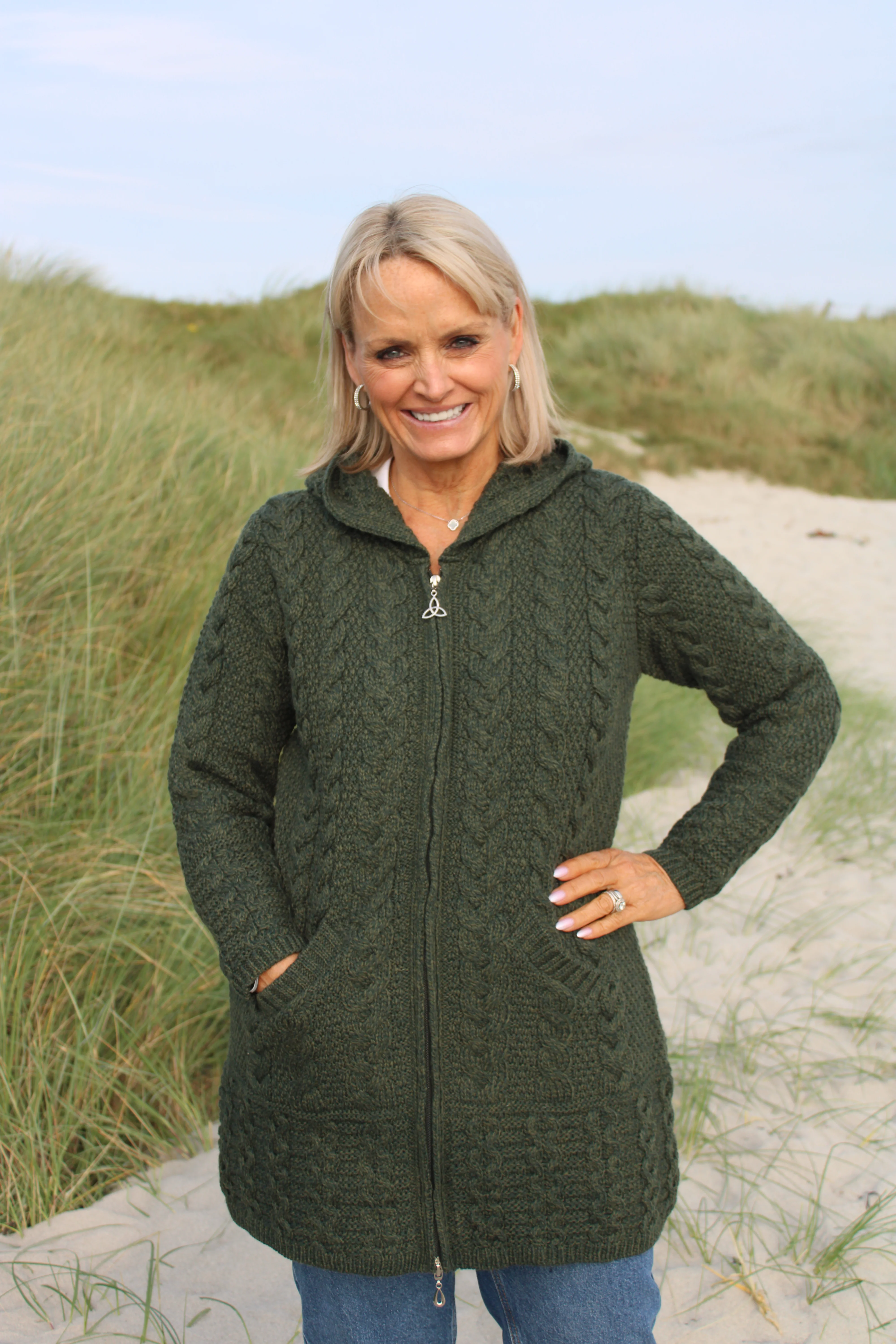 Long Zip Aran Cardigan With Hood , Army Green