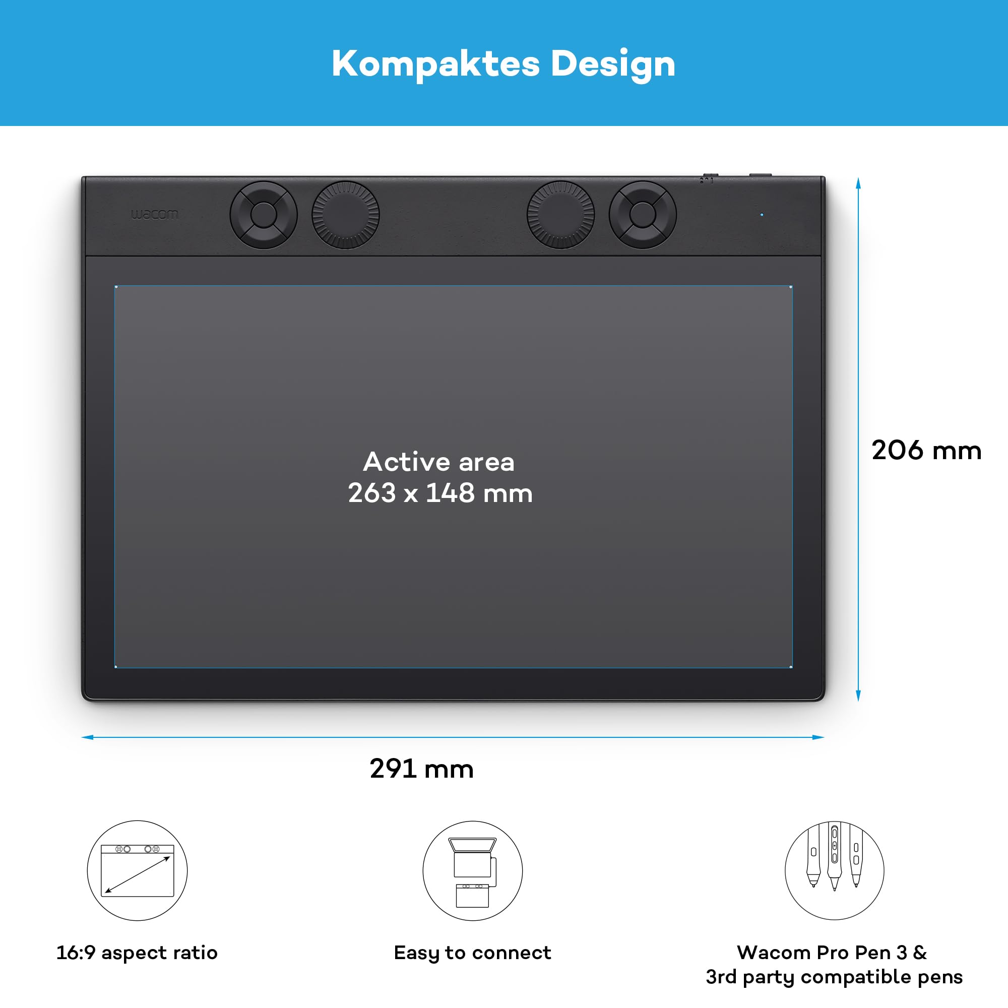 Grafiktablett Intuos Pro Medium 8192 Druckstufen Bluetooth USB mit Pro Pen 3 ExpressKeys 263 x 148 mm aktive Fläche