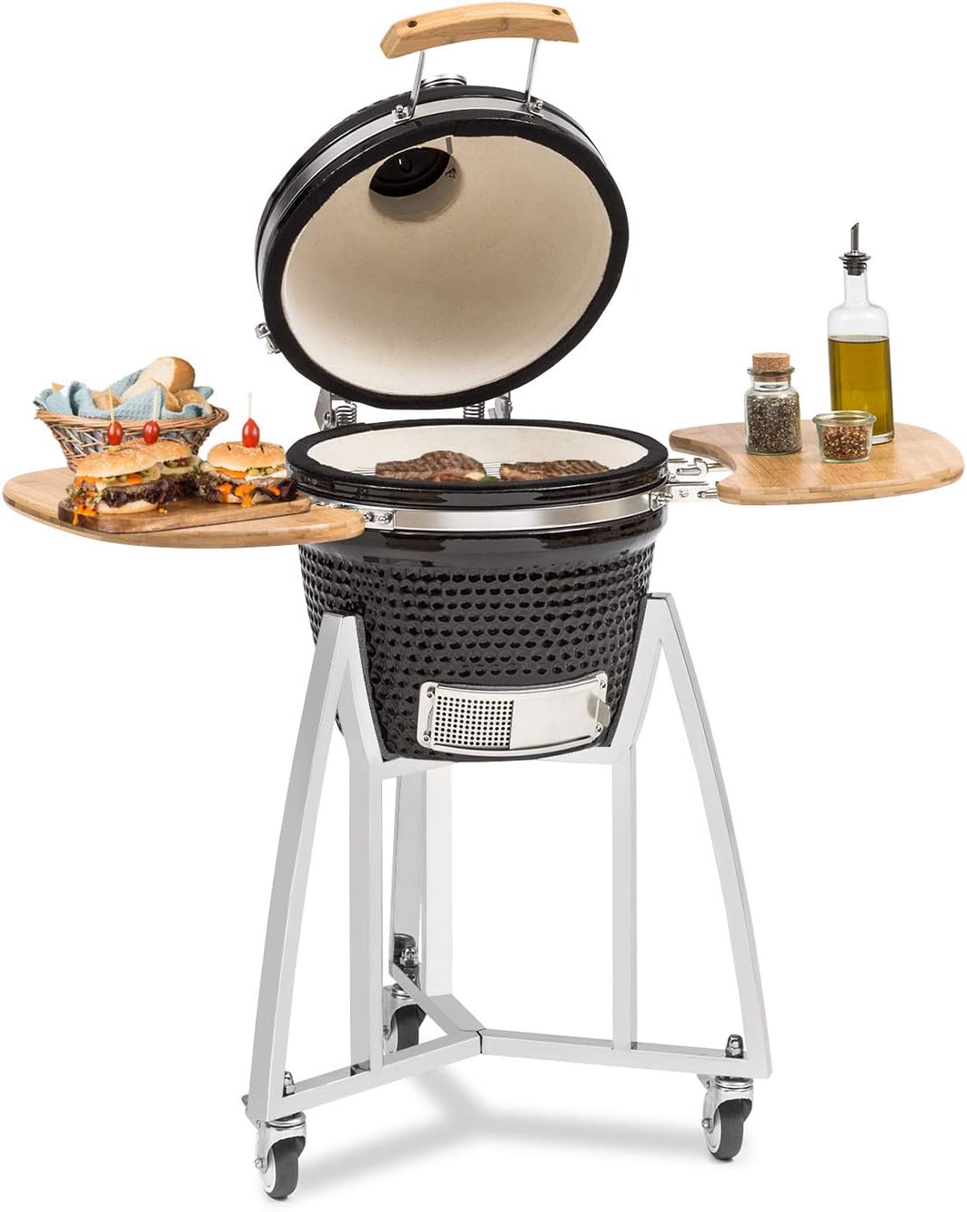 Klarstein Queen Kamado Grill - Barbecue, Grigliare, Cucinare Lentamente o Affumicare, Pannelli Laterali Rimovibili, Materiali: Ceramica, Acciaio Inox, bambù, Termometro 0-450 °C, 3 Ruote, Nero