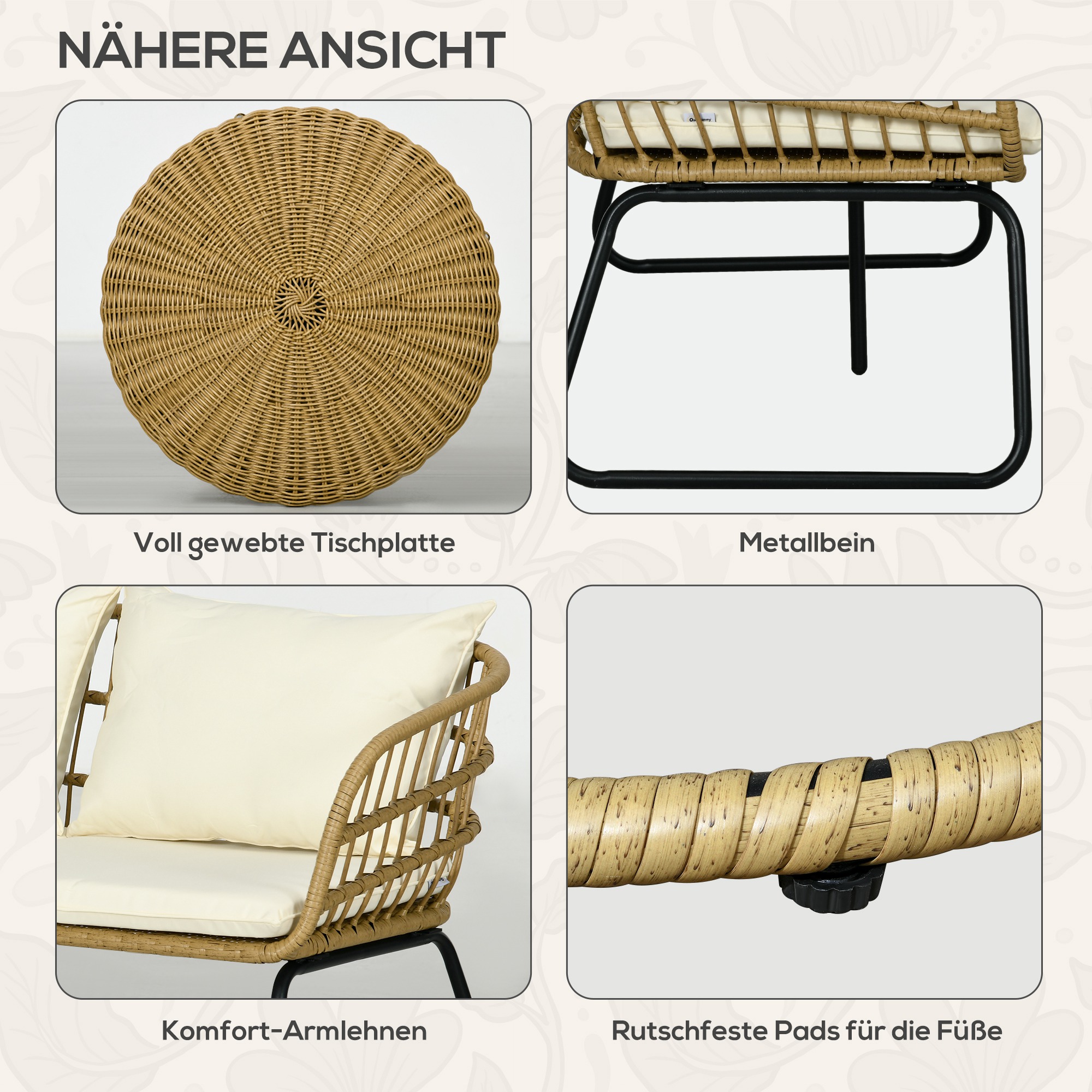 Outsunny Lounge-Set Rattan Zitgroep, Buitenmeubelset in Boho-stijl, 5-delig, 145 x 70 x 78 cm, Cr��me + Natuur + Zwart