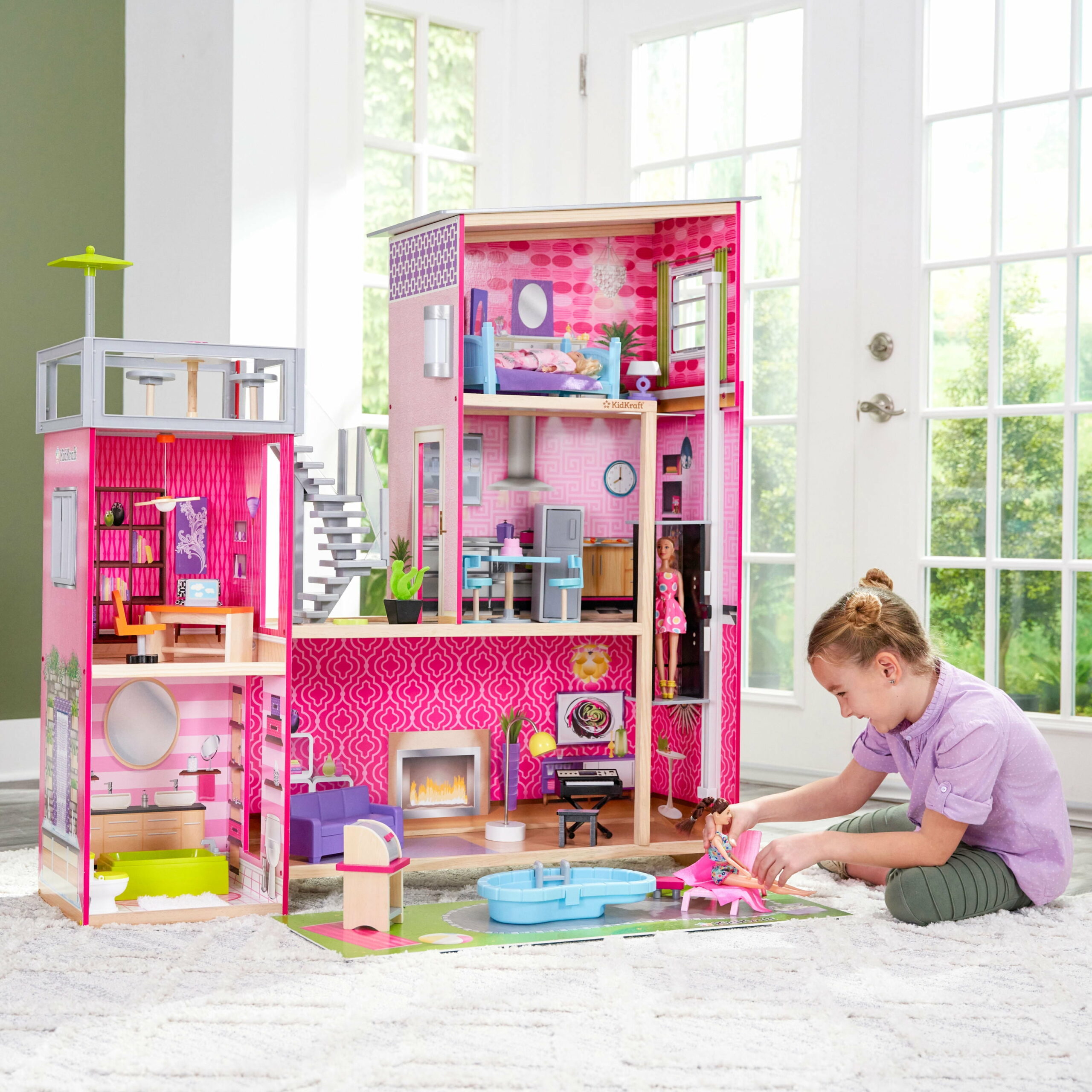 KidKraft Uptown Wooden Dollhouse, 3 Levels, 36 Accessories, Ages 4 , Interactive Lights & Sounds
