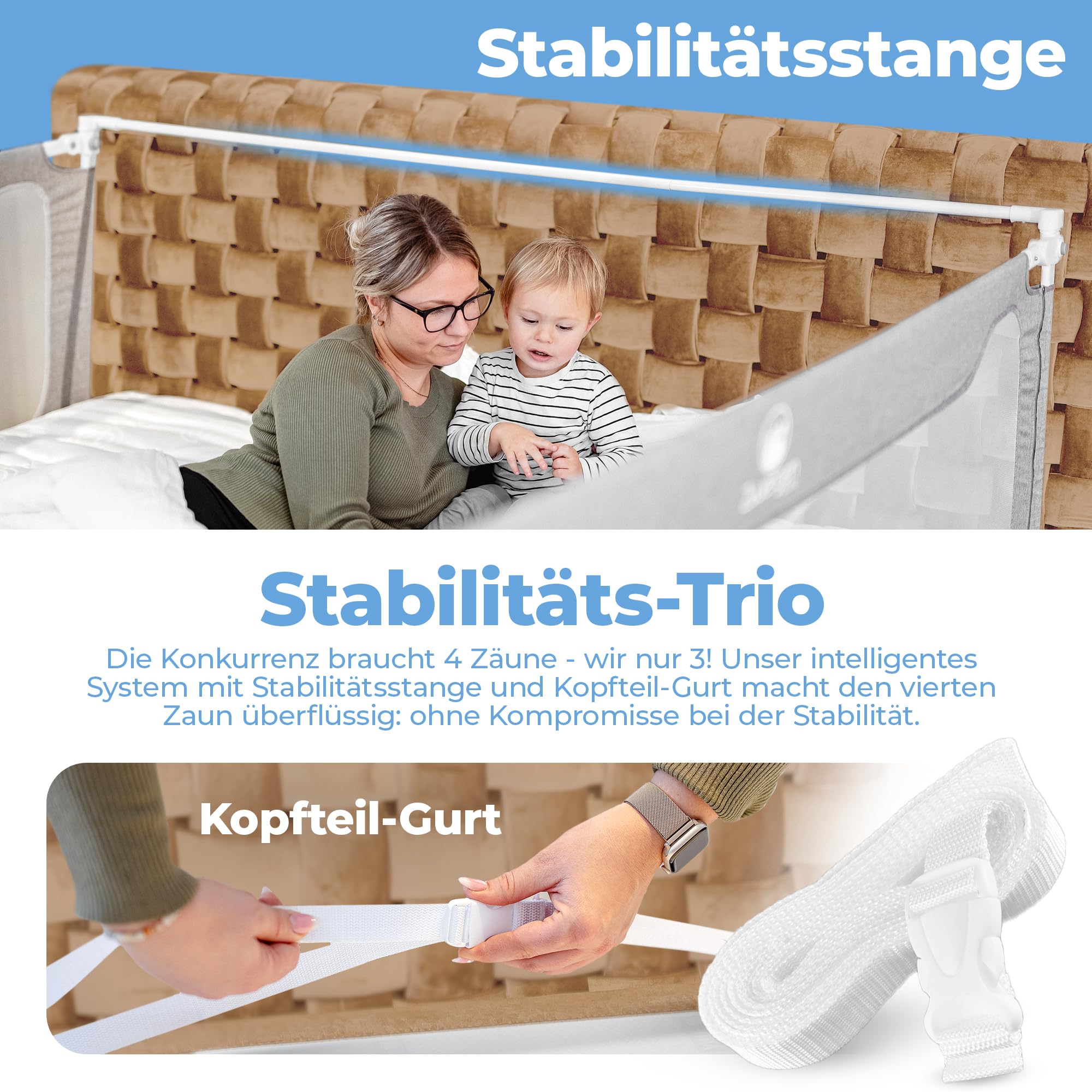 Rausfallschutz Boxspringbett Elternbett 180x200cm 8tlg Bettgitter Stabilitätsstange Spaltschutz laborgeprüft