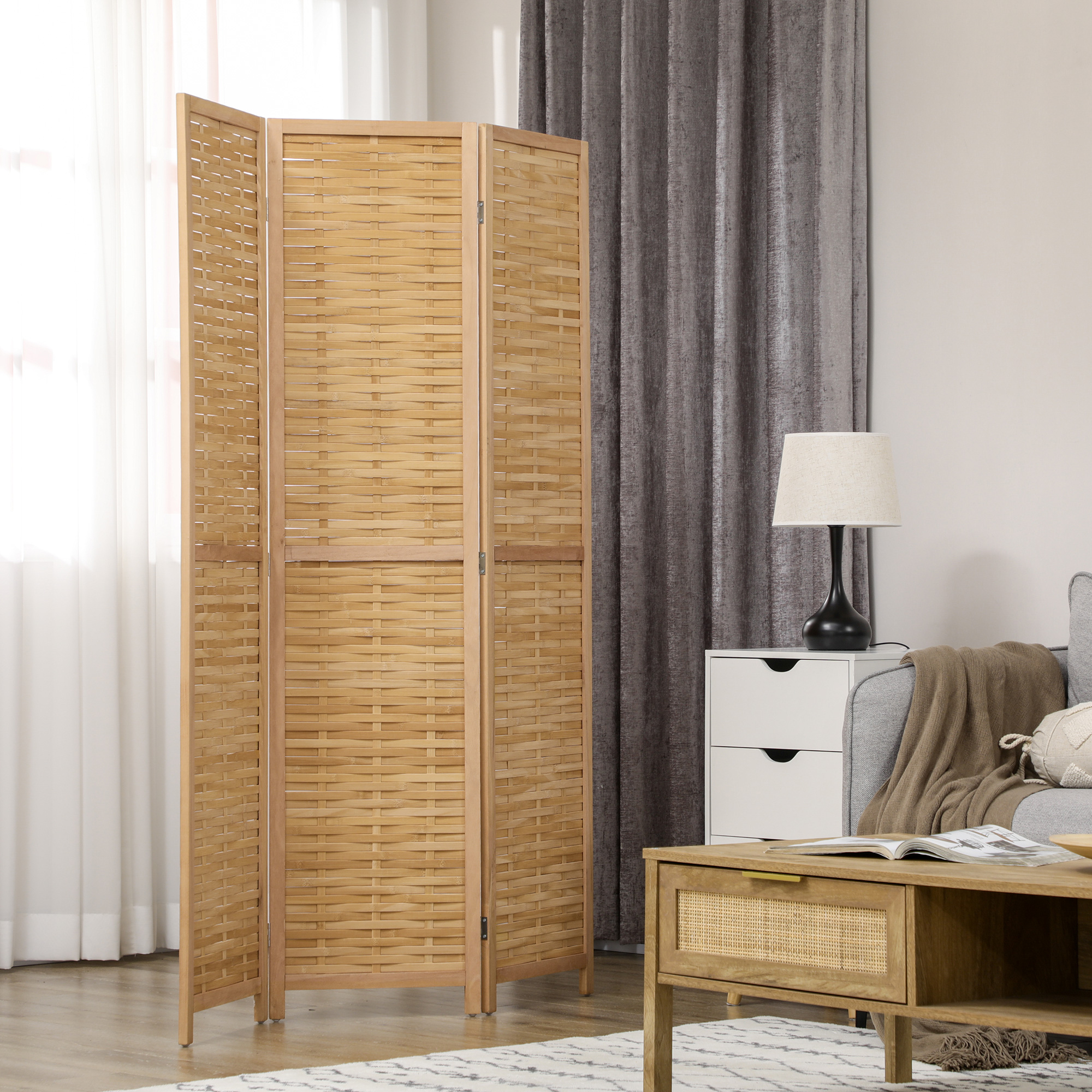 HOMCOM Raumteiler Klappbare Trennwand Sichtschutz, Bambus, 3-teilig, 120 cm x 170 cm x 1,8 cm, Natur