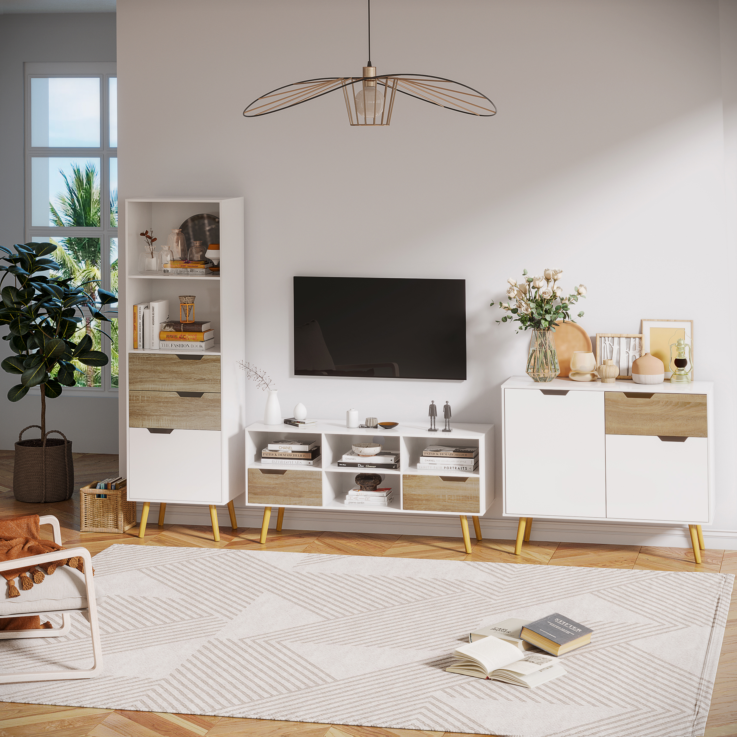 HOMCOM Buffet Aufbewahrungsschrank skandinavisches Design mit Schränken für Badezimmer, Wohnzimmer, Küche, Massivholz Kieferbeine - Weiß - Maße 98L x 39B x 81,5H cm